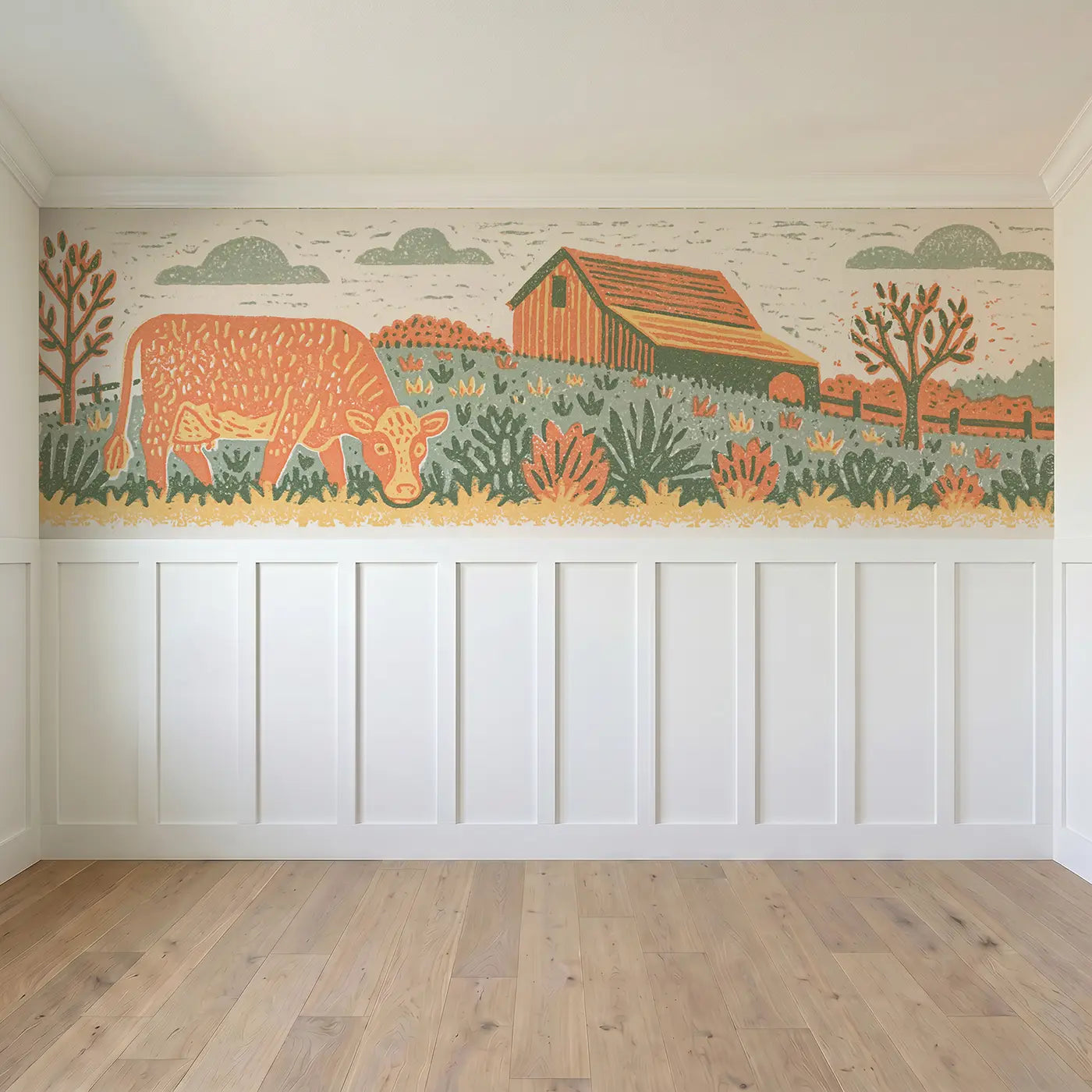 Full panel view of Block Print Cow Pasture Wainscoting Wallpaper by Whimsy Tots