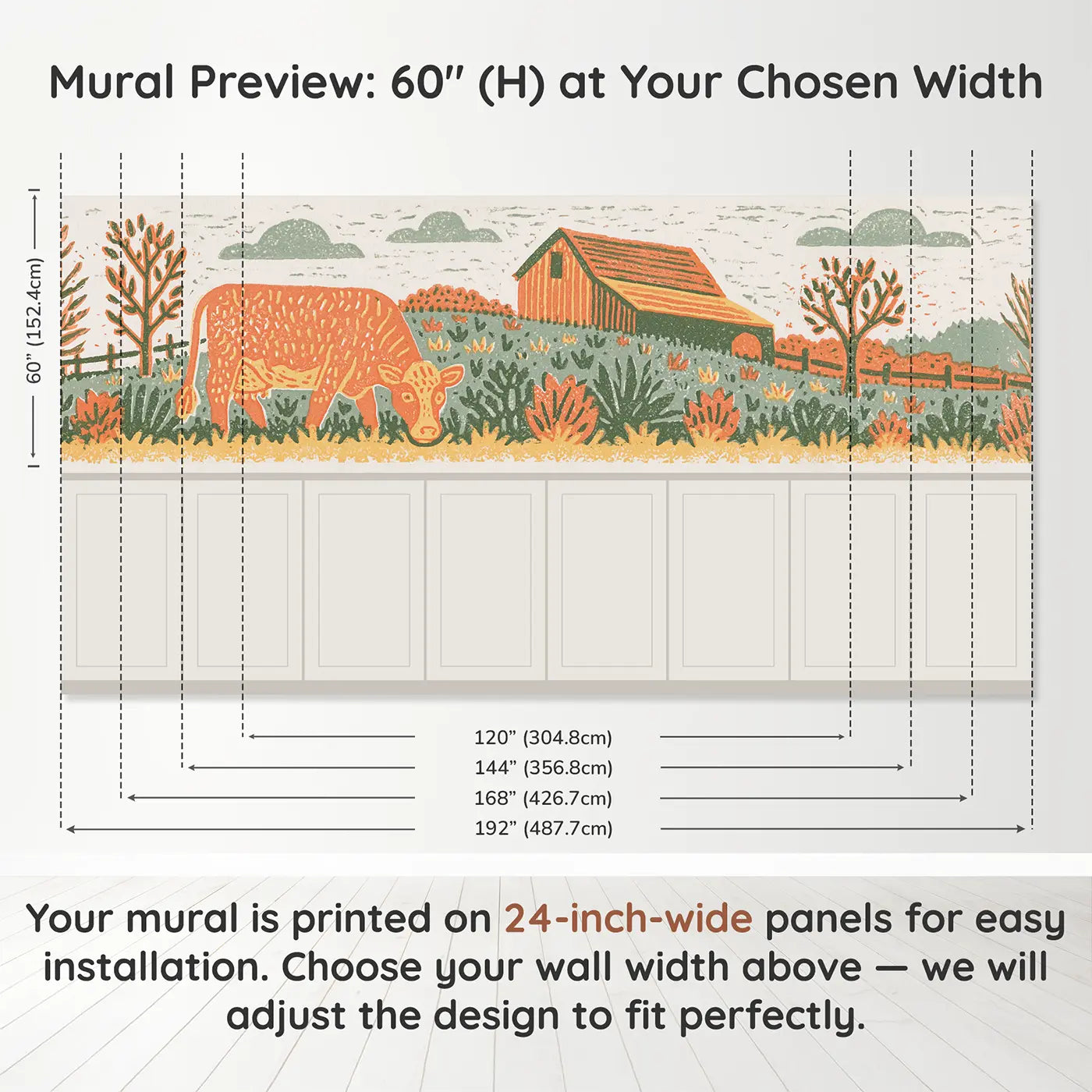 Panel dimensions for Block Print Cow Pasture Wainscoting Wallpaper by Whimsy Tots