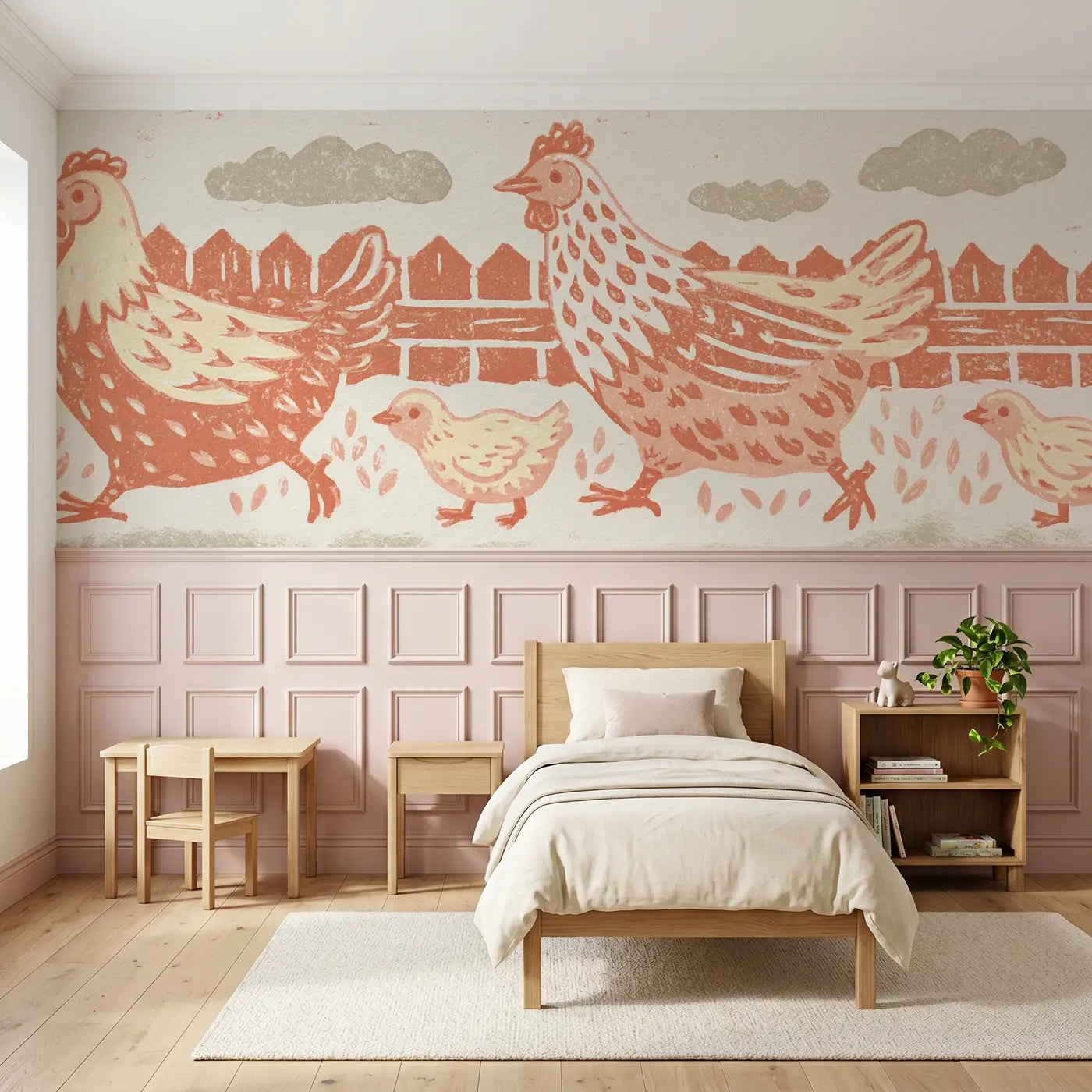 Block Print hen chick folk wainscoting wallpaper for nursery by Whimsy Tots.