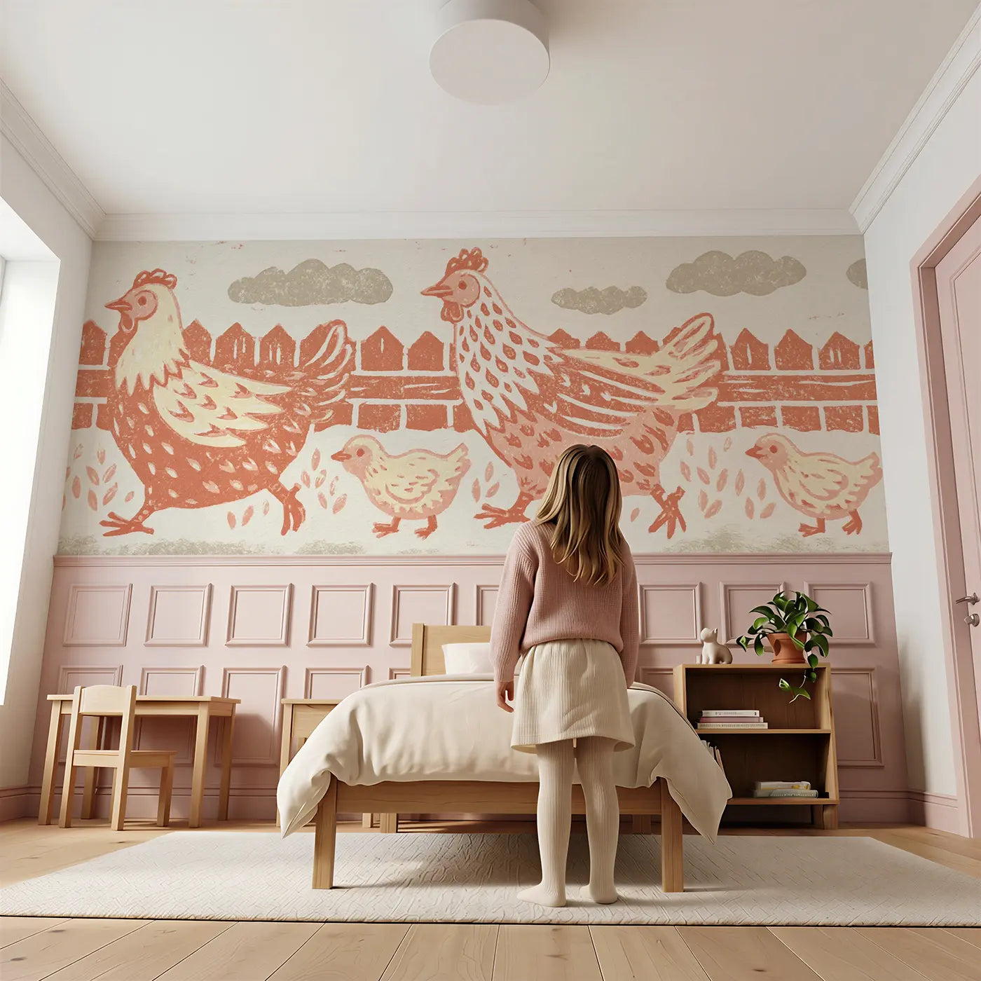 Child reading near Carved Hen Chick Folk Wainscoting Wallpaper by Whimsy Tots