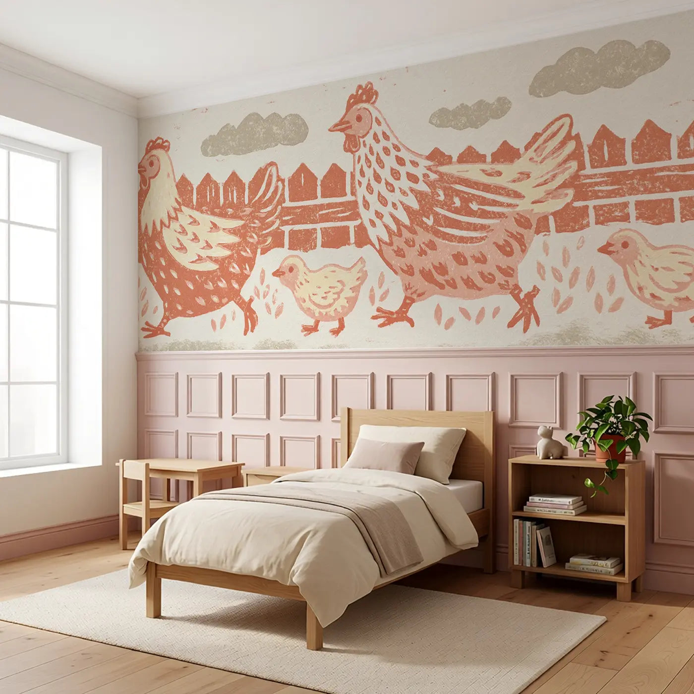 Carved Hen Chick Folk Wainscoting Wallpaper styled in a kids bedroom by Whimsy Tots