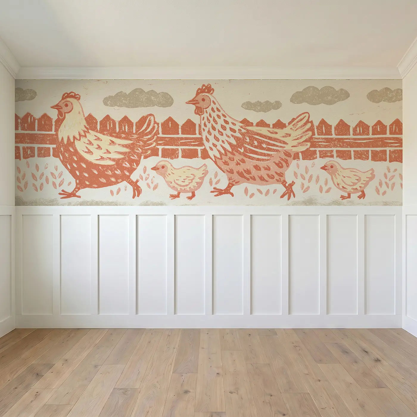 Full panel view of Carved Hen Chick Folk Wainscoting Wallpaper by Whimsy Tots