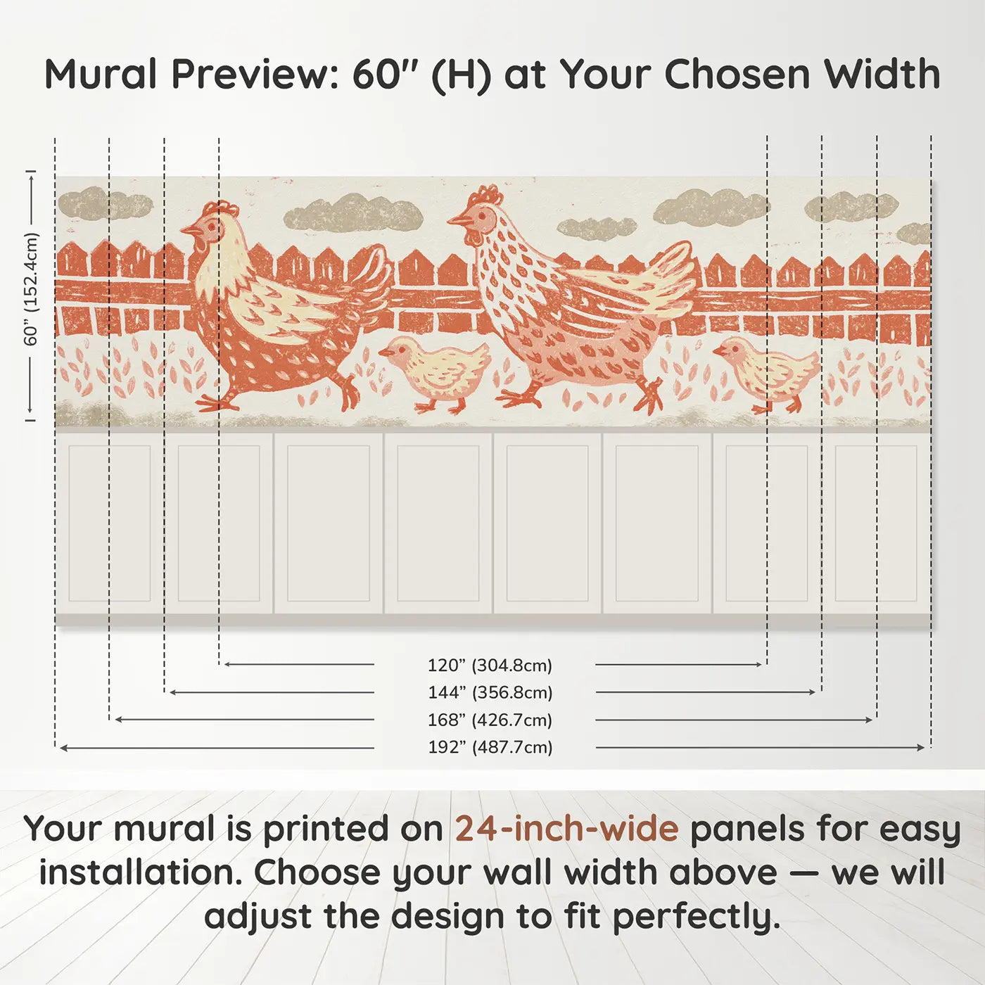 Panel dimensions for Carved Hen Chick Folk Wainscoting Wallpaper by Whimsy Tots