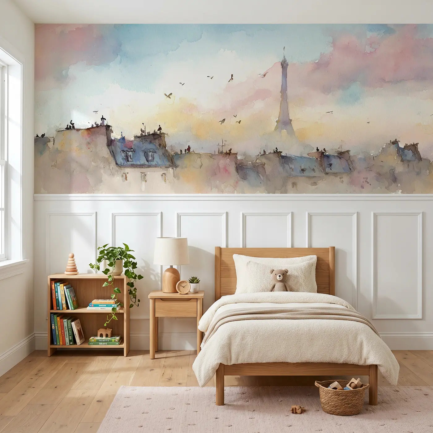 Watercolor Eiffel Tower Paris morning wainscoting wallpaper for bedroom by Whimsy Tots.
