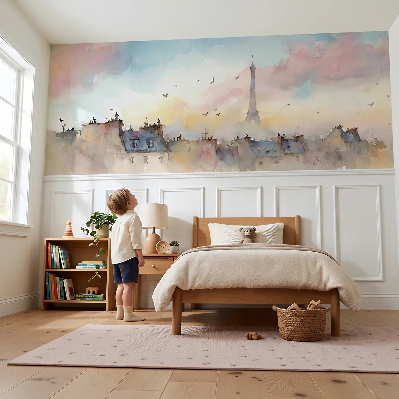 Child reading near Eiffel Tower Paris Morning Wainscoting Wallpaper by Whimsy Tots