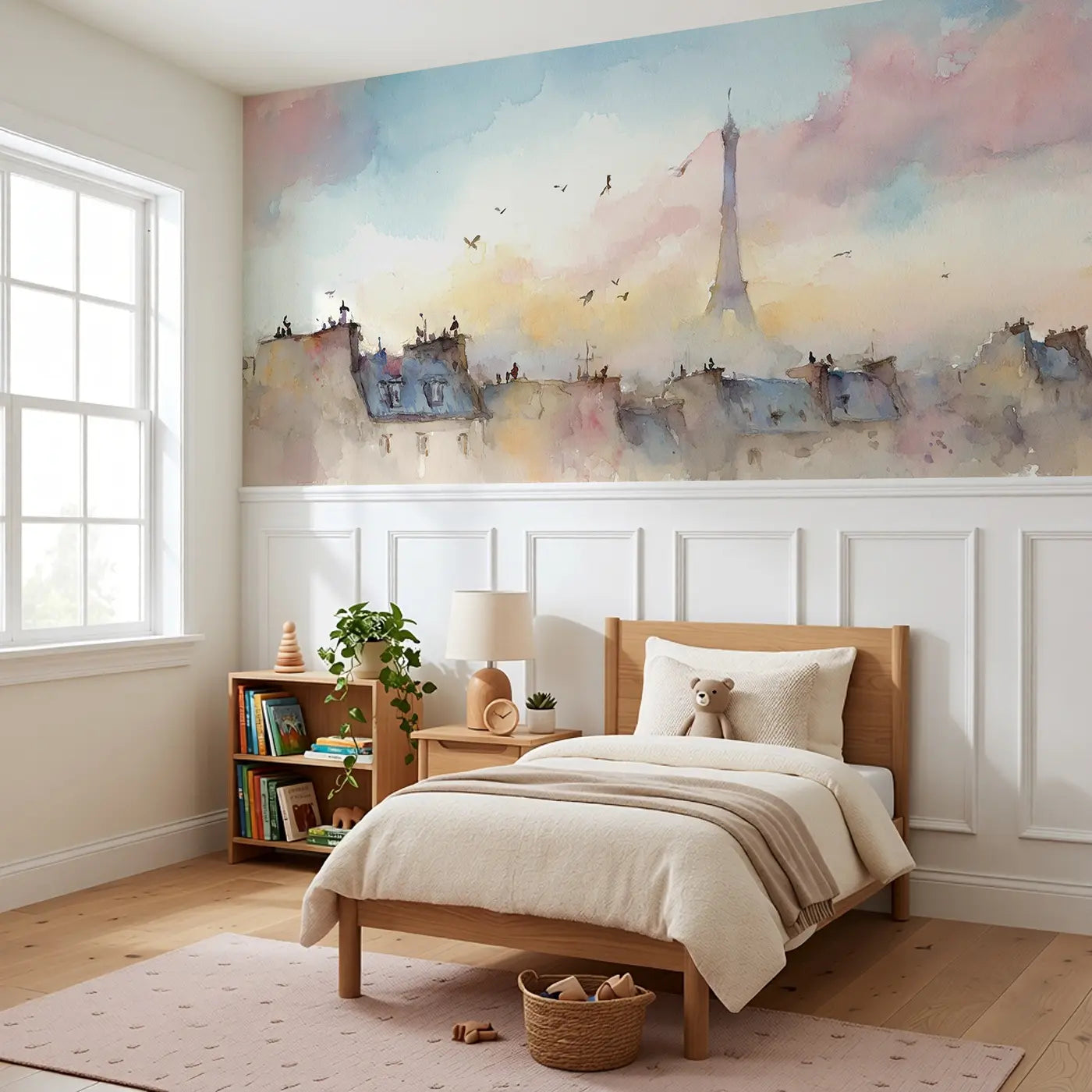 Eiffel Tower Paris Morning Wainscoting Wallpaper styled in a kids bedroom by Whimsy Tots
