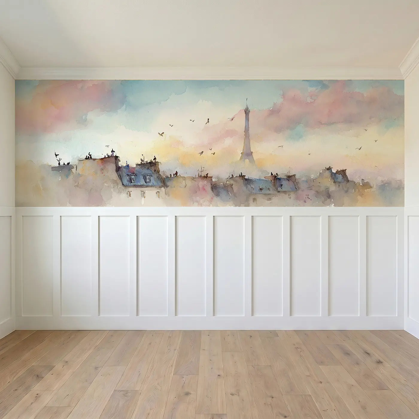 Full panel view of Eiffel Tower Paris Morning Wainscoting Wallpaper by Whimsy Tots