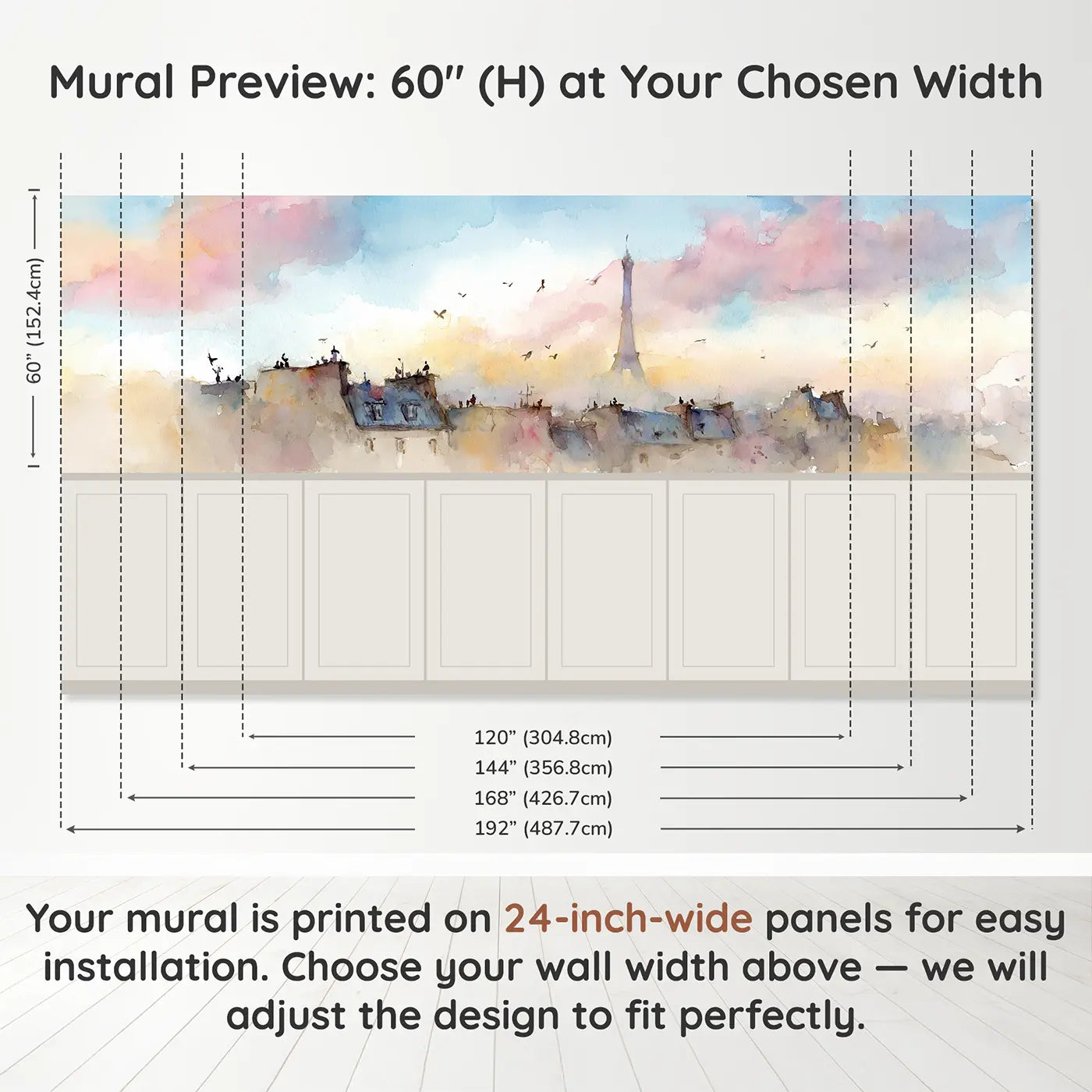 Panel dimensions for Eiffel Tower Paris Morning Wainscoting Wallpaper by Whimsy Tots