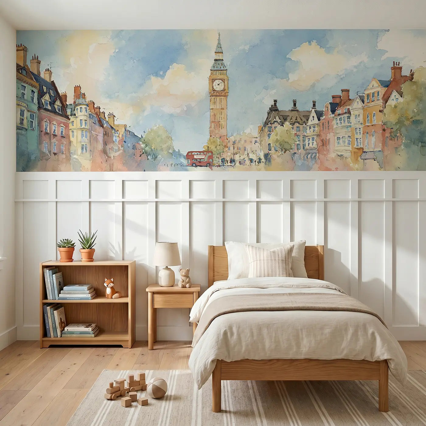 Watercolor Big Ben London street wainscoting wallpaper for bedroom by Whimsy Tots.