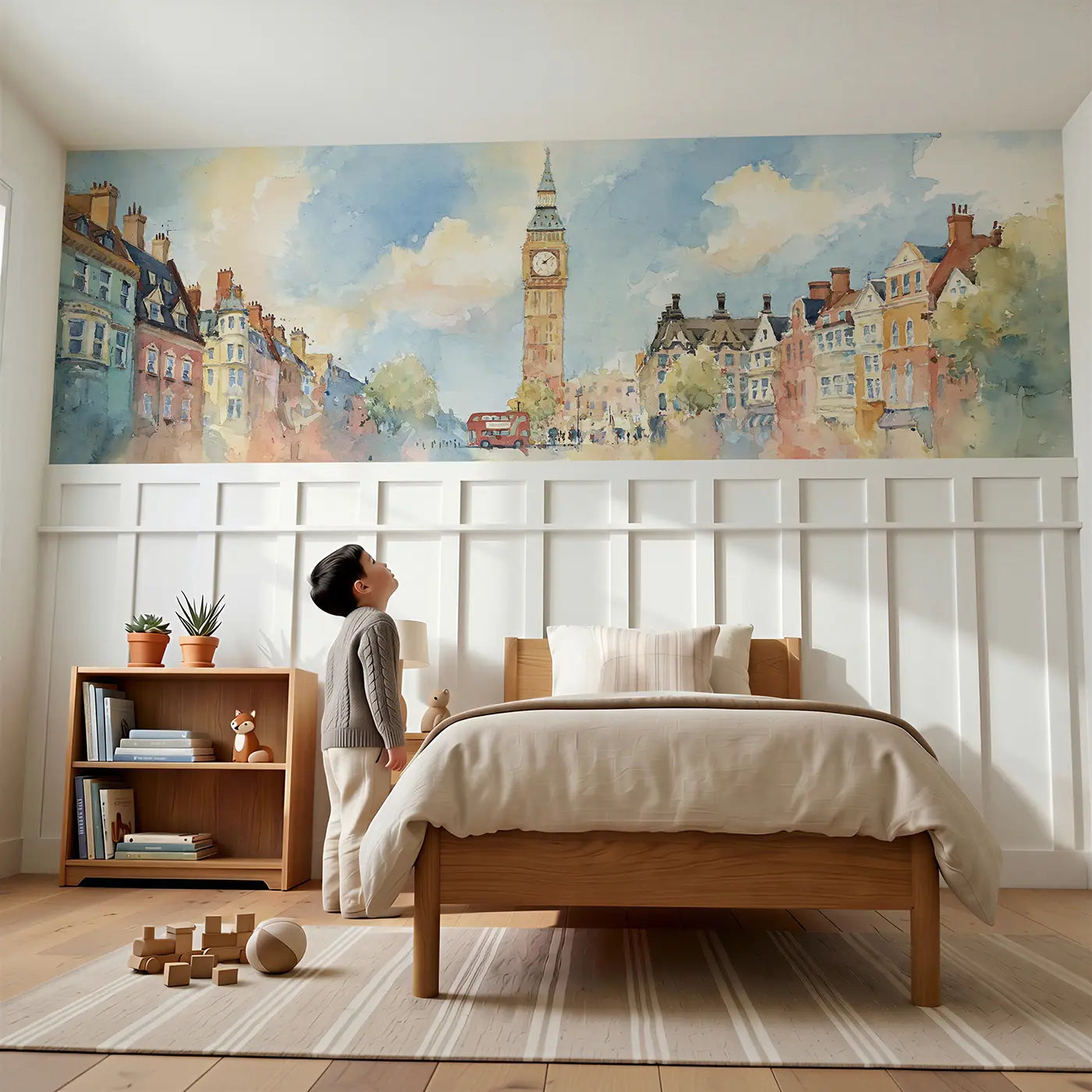 Child reading near Big Ben London Street Wainscoting Wallpaper by Whimsy Tots