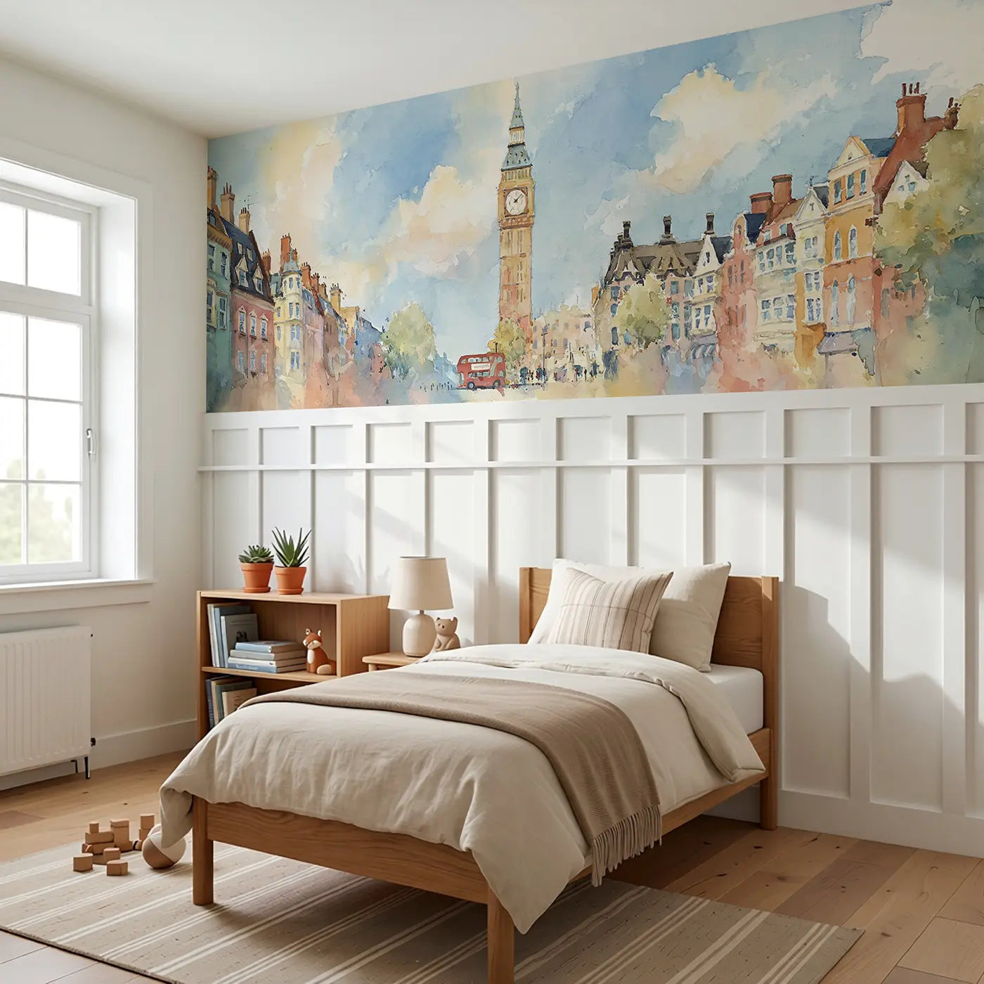 Big Ben London Street Wainscoting Wallpaper styled in a kids bedroom by Whimsy Tots