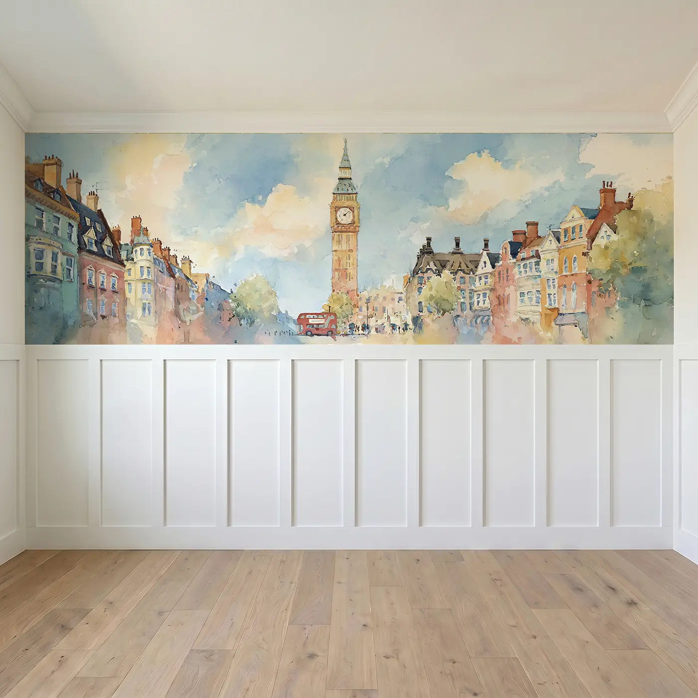 Full panel view of Big Ben London Street Wainscoting Wallpaper by Whimsy Tots