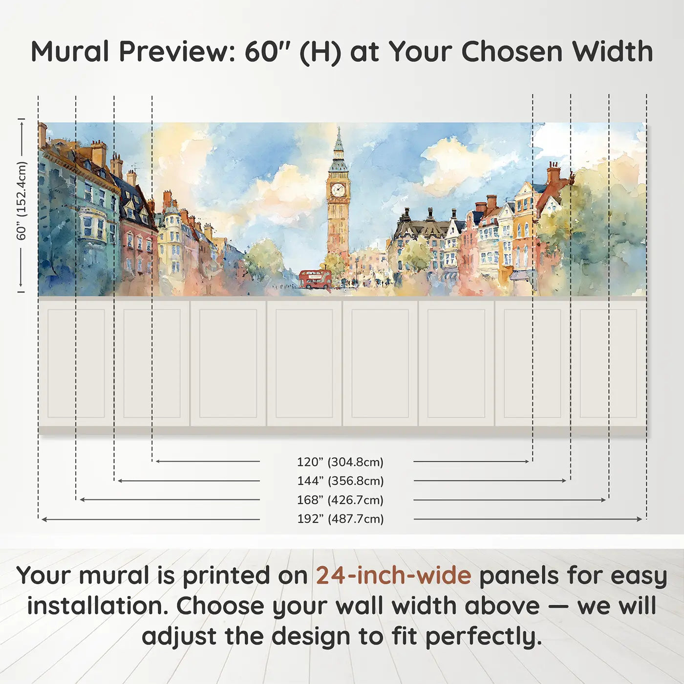 Panel dimensions for Big Ben London Street Wainscoting Wallpaper by Whimsy Tots
