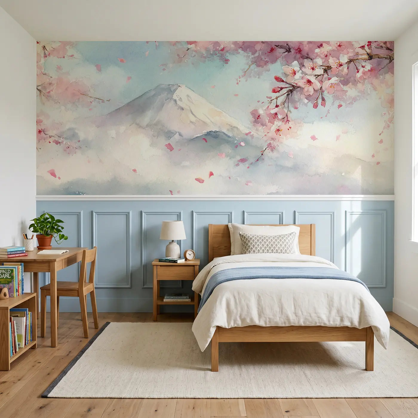 Watercolor Mount Fuji cherry blossom wainscoting wallpaper for bedroom by Whimsy Tots.