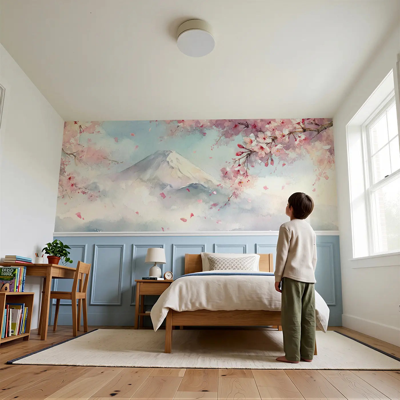 Child reading near Mount Fuji Cherry Blossom Wainscoting Wallpaper by Whimsy Tots