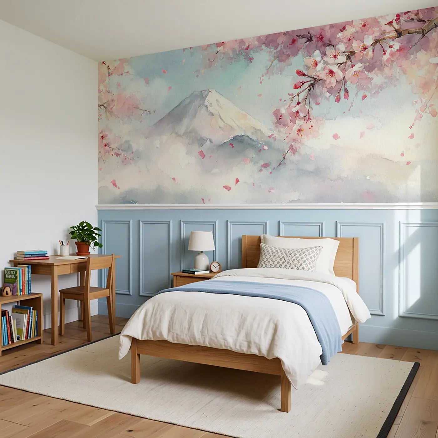 Mount Fuji Cherry Blossom Wainscoting Wallpaper styled in a kids bedroom by Whimsy Tots