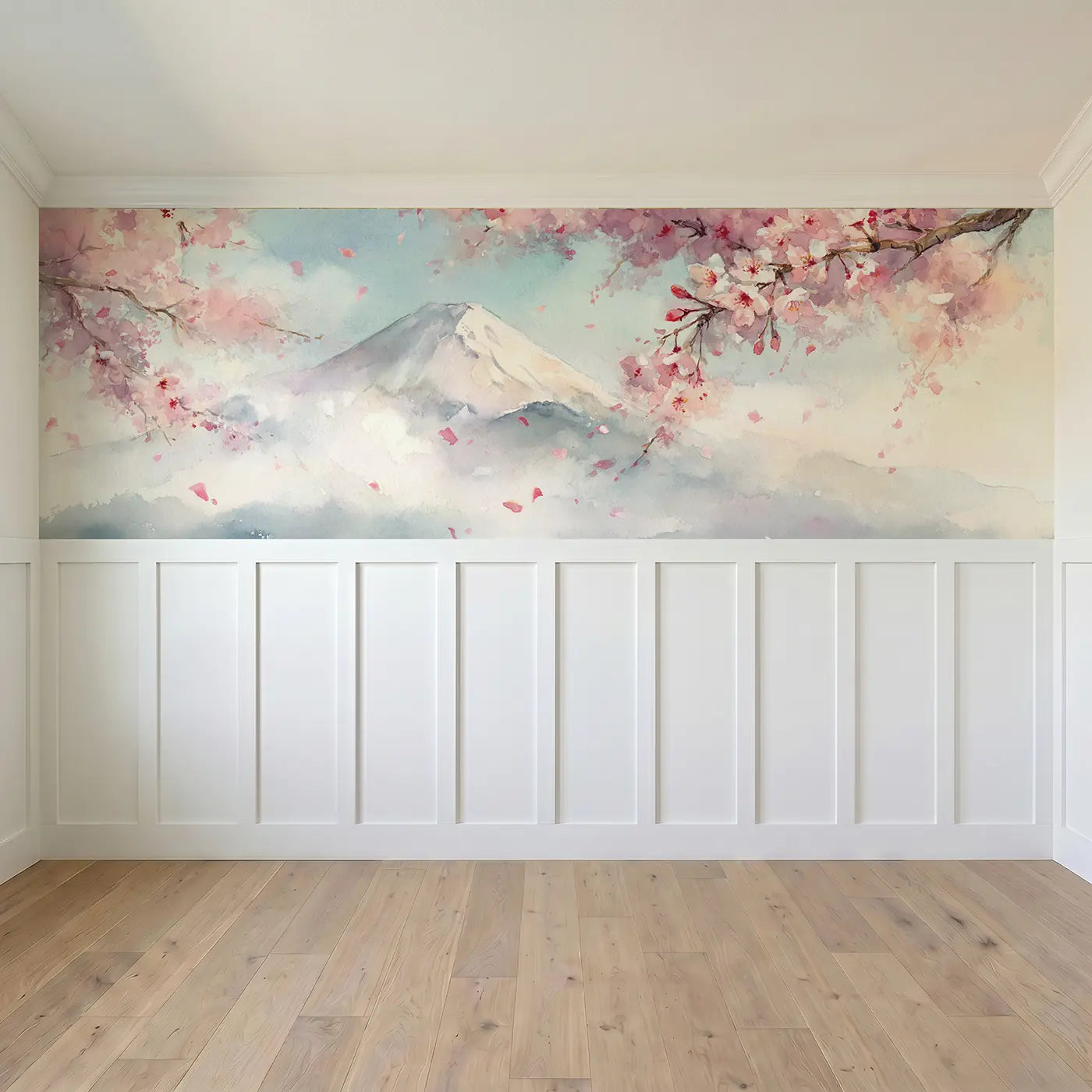 Full panel view of Mount Fuji Cherry Blossom Wainscoting Wallpaper by Whimsy Tots