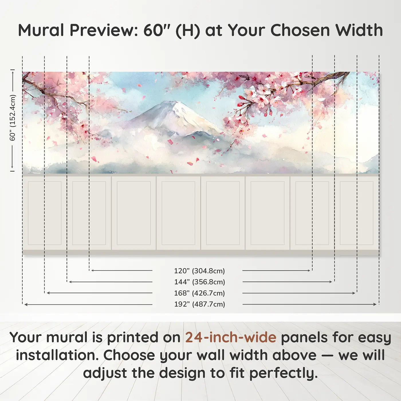 Panel dimensions for Mount Fuji Cherry Blossom Wainscoting Wallpaper by Whimsy Tots