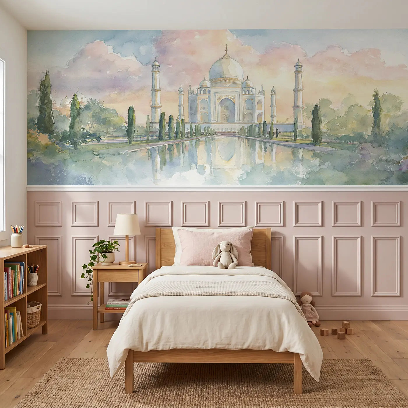 Watercolor Taj Mahal reflection dawn wainscoting wallpaper for bedroom by Whimsy Tots.