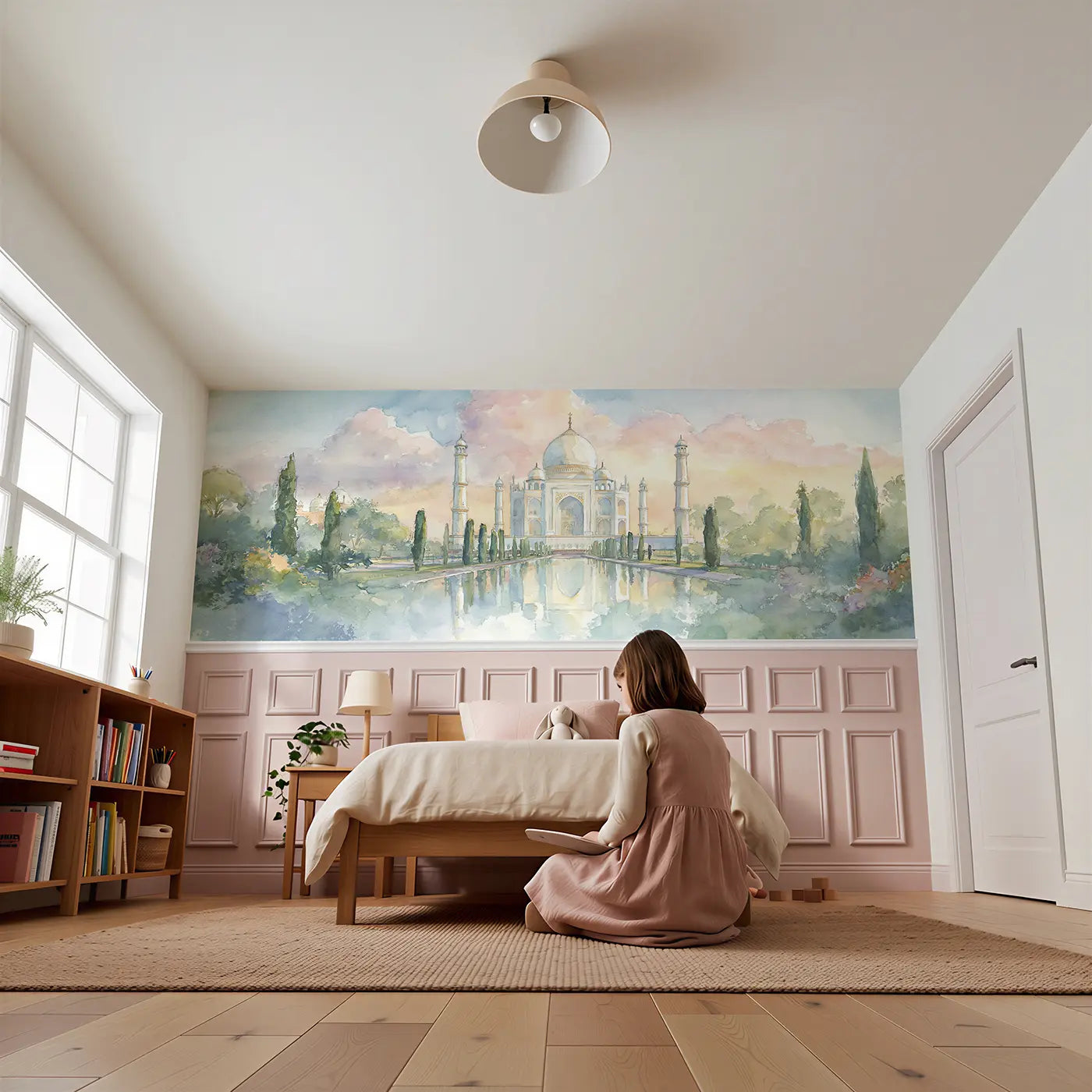 Child reading near Taj Mahal Reflection Dawn Wainscoting Wallpaper by Whimsy Tots