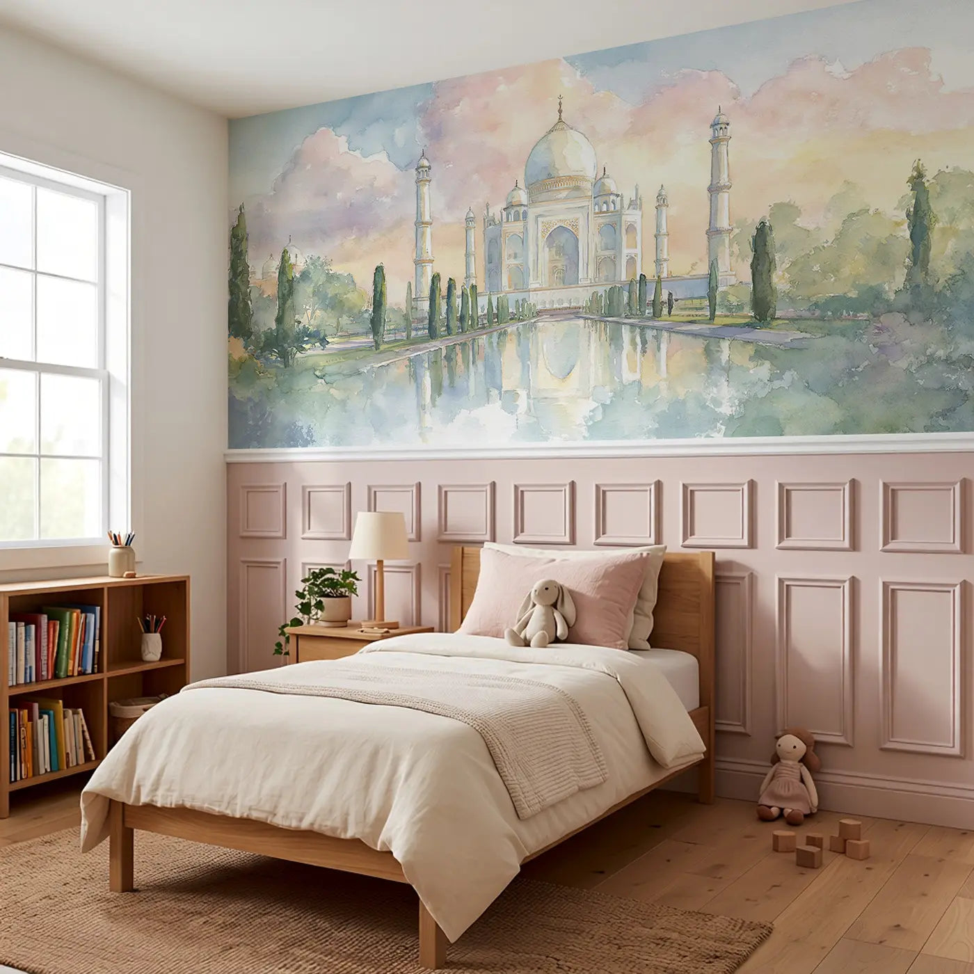 Taj Mahal Reflection Dawn Wainscoting Wallpaper styled in a kids bedroom by Whimsy Tots