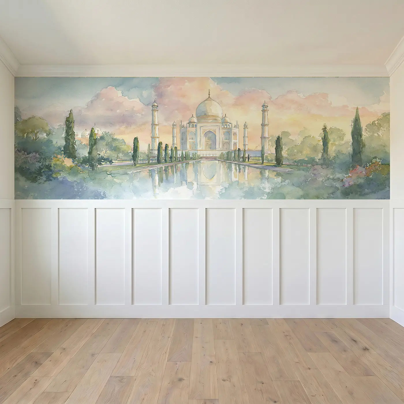 Full panel view of Taj Mahal Reflection Dawn Wainscoting Wallpaper by Whimsy Tots