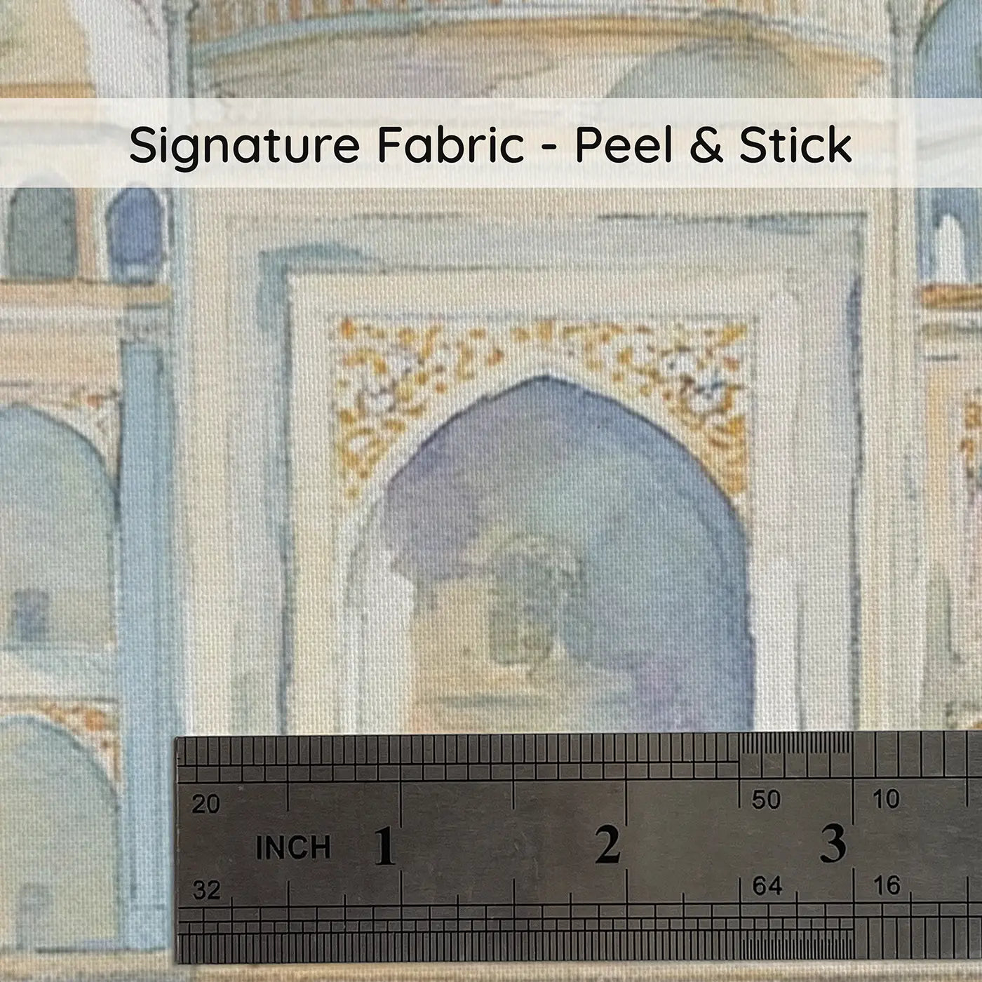 Fabric texture close-up of Taj Mahal Reflection Dawn Wainscoting Wallpaper by Whimsy Tots