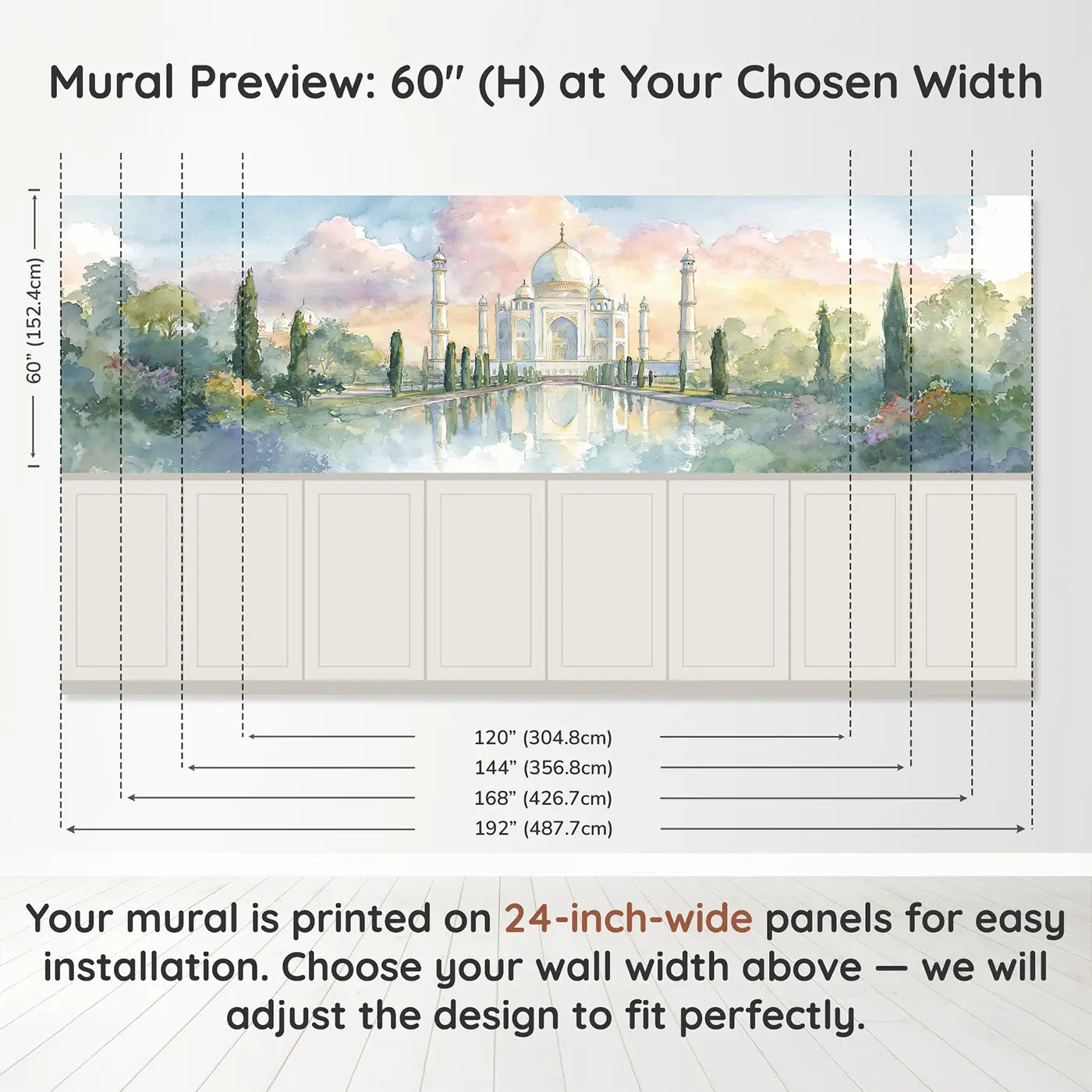 Panel dimensions for Taj Mahal Reflection Dawn Wainscoting Wallpaper by Whimsy Tots