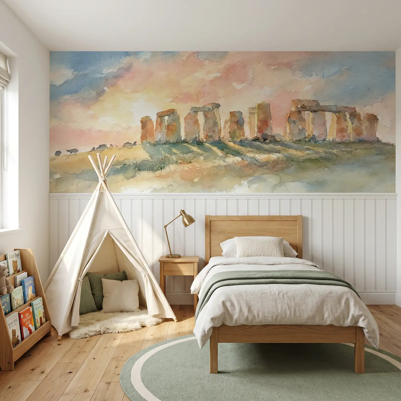 Watercolor Stonehenge sunset soft wainscoting wallpaper for bedroom by Whimsy Tots.