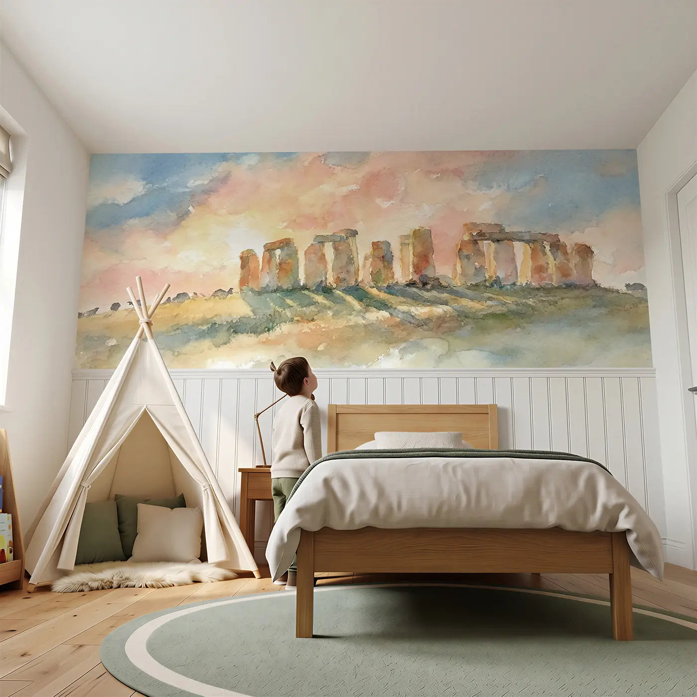Child reading near Stonehenge Sunset Soft Wainscoting Wallpaper by Whimsy Tots