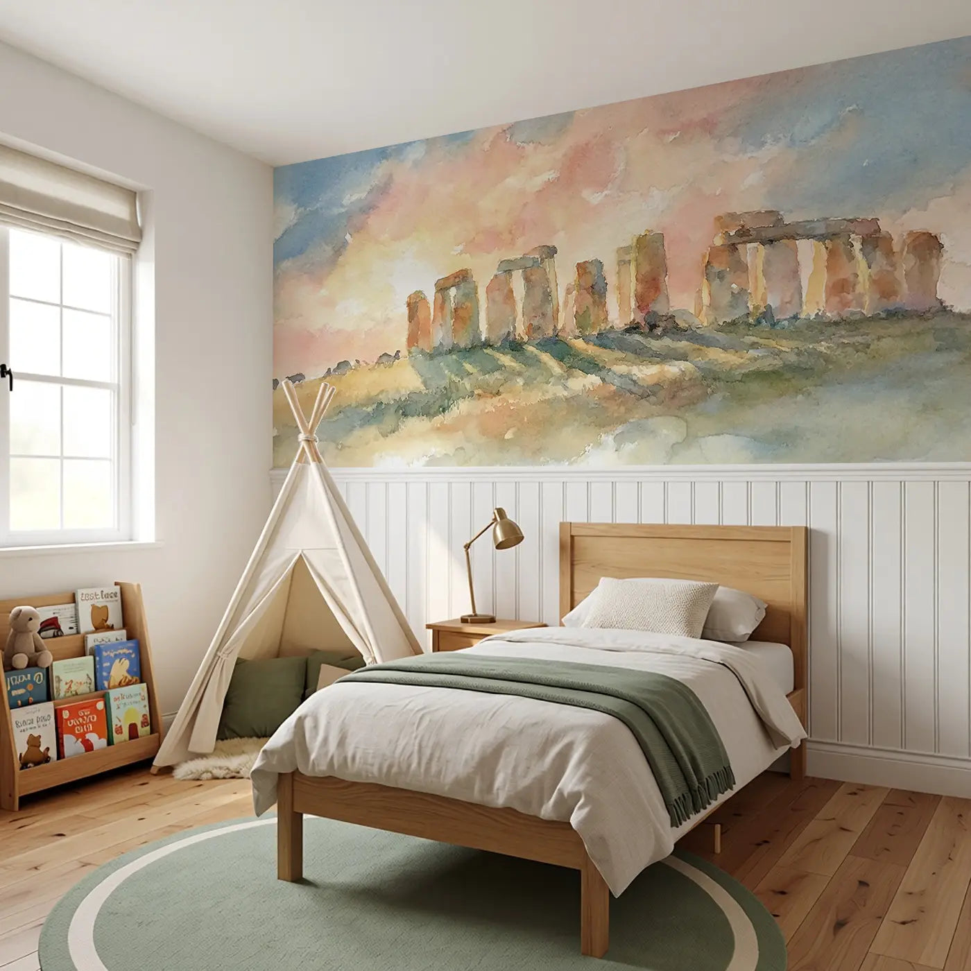 Stonehenge Sunset Soft Wainscoting Wallpaper styled in a kids bedroom by Whimsy Tots