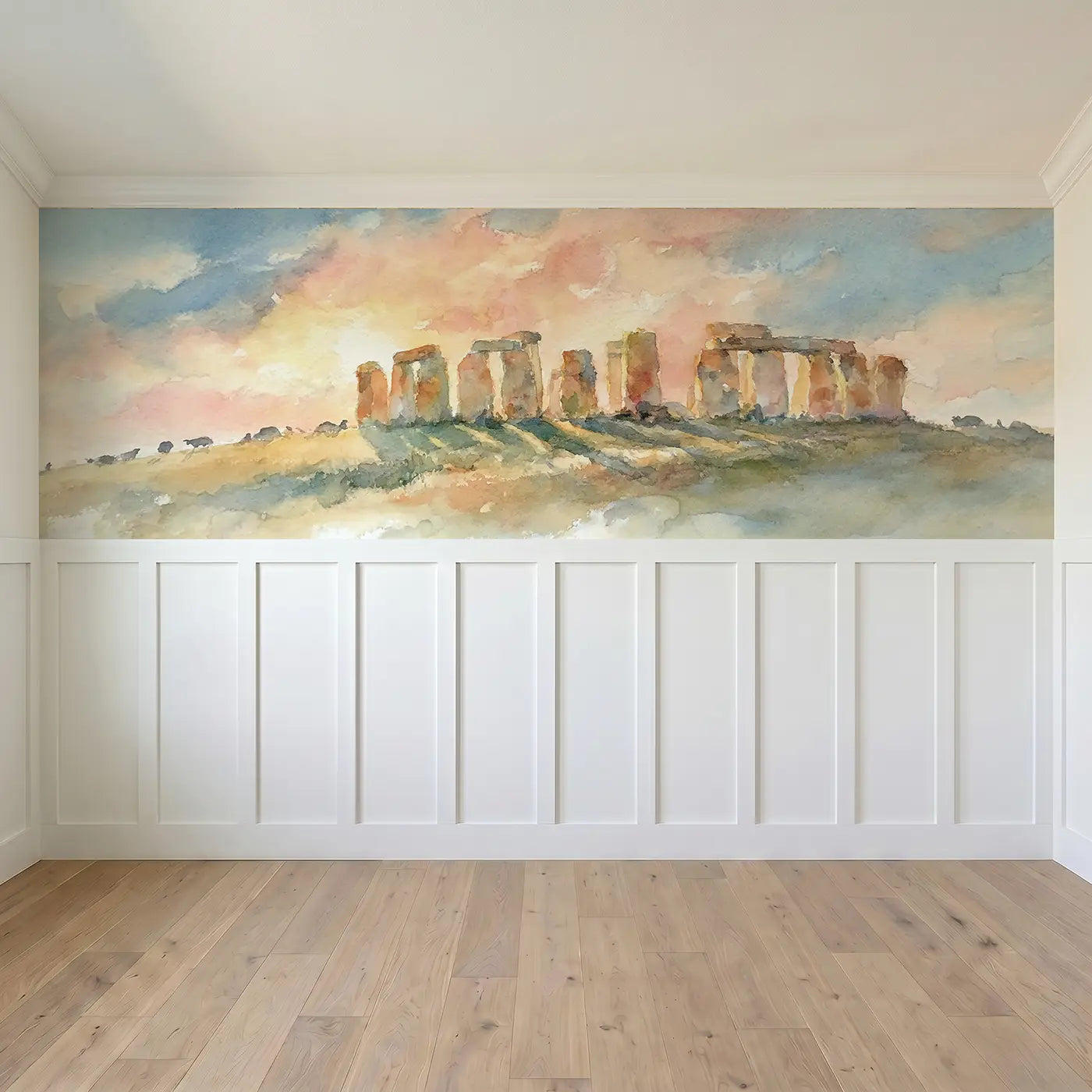 Full panel view of Stonehenge Sunset Soft Wainscoting Wallpaper by Whimsy Tots