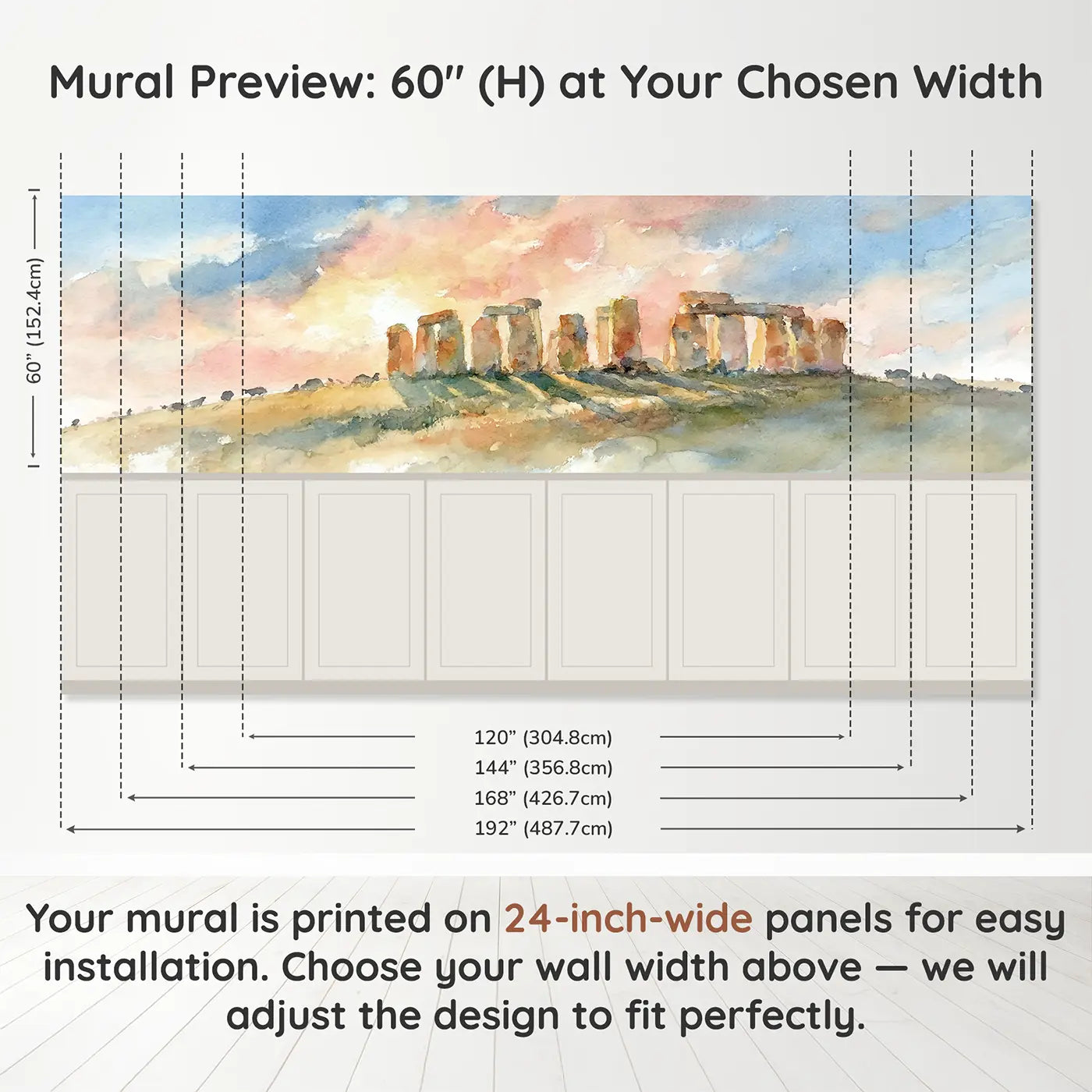 Panel dimensions for Stonehenge Sunset Soft Wainscoting Wallpaper by Whimsy Tots