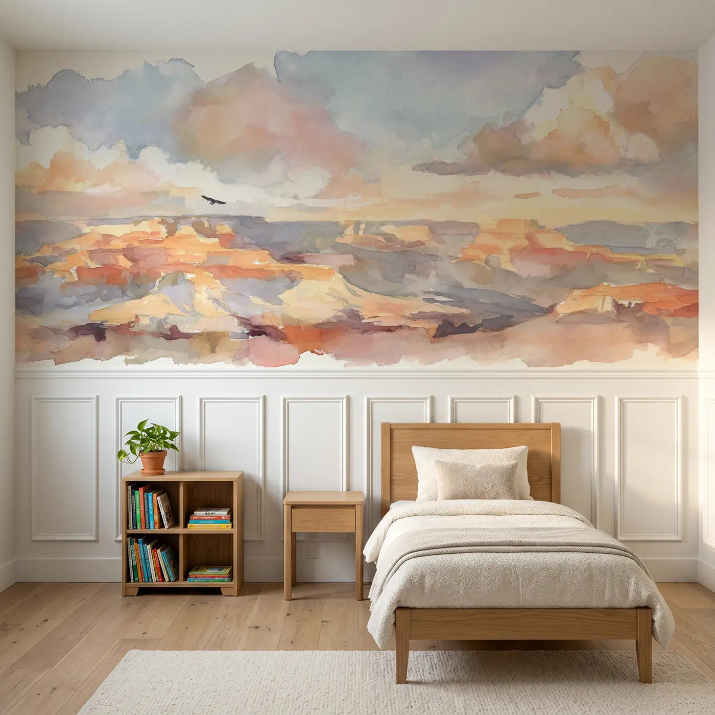 Watercolor Grand Canyon vista view wainscoting wallpaper for bedroom by Whimsy Tots.