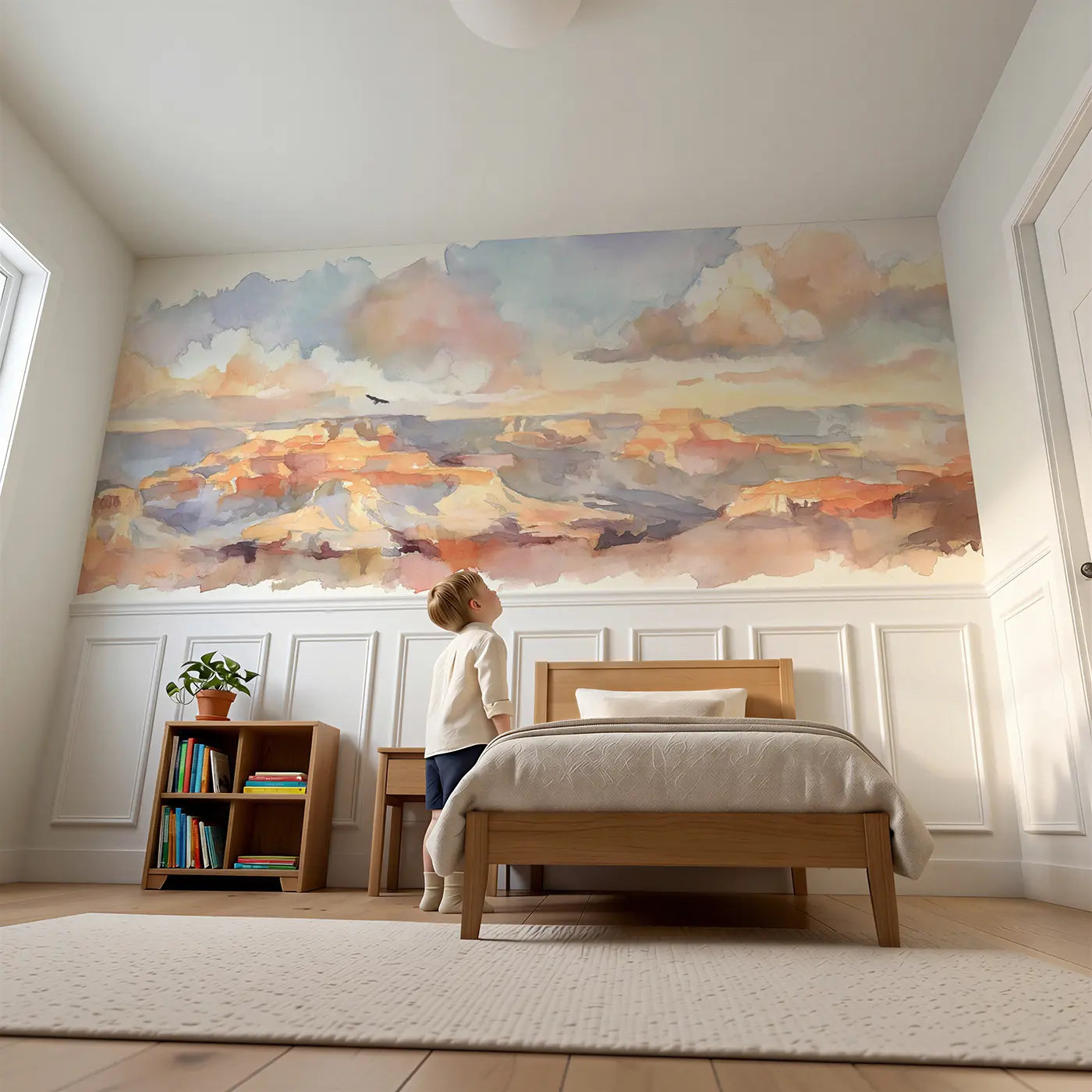 Child reading near Grand Canyon Vista View Wainscoting Wallpaper by Whimsy Tots
