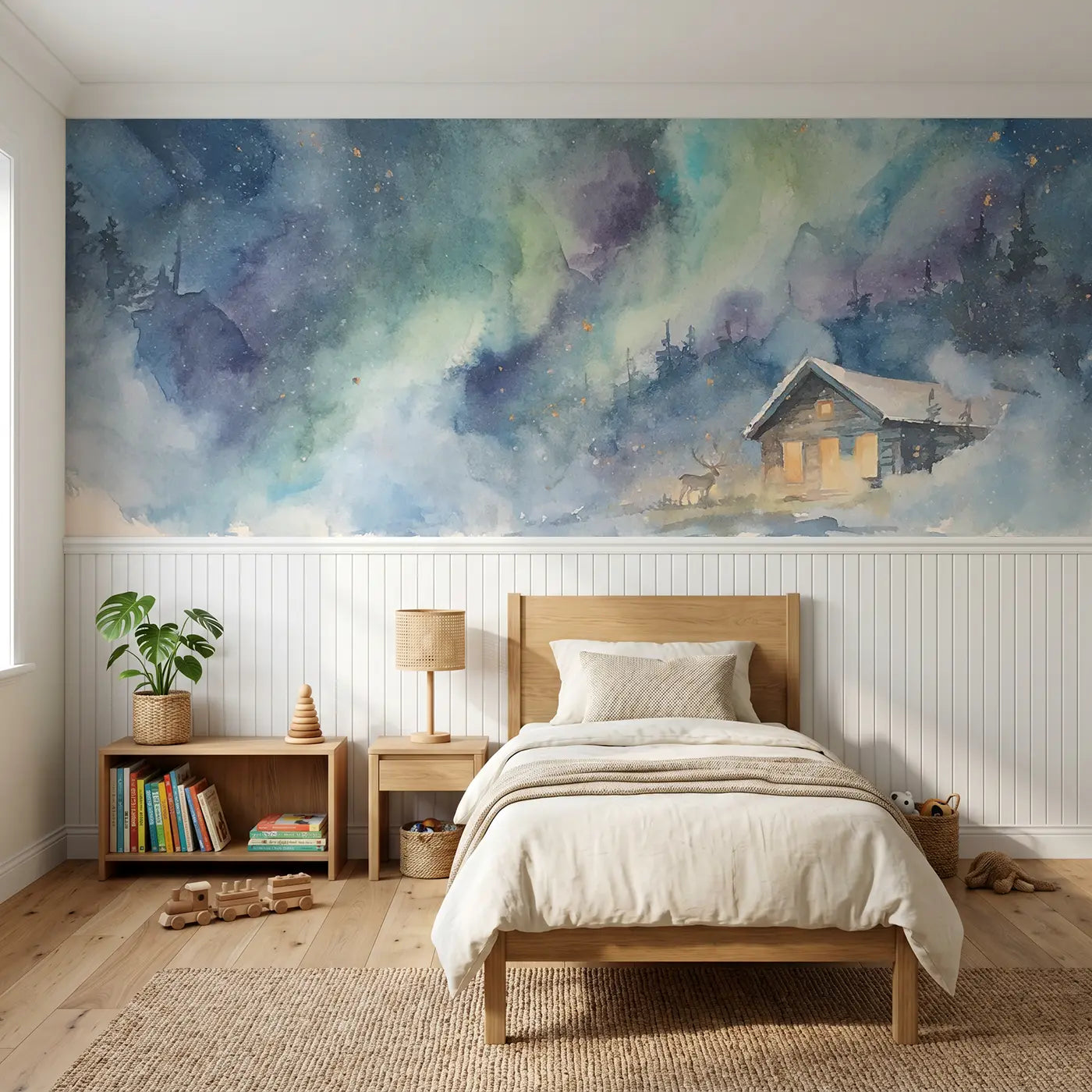 Watercolor northern lights cabin wainscoting wallpaper for bedroom by Whimsy Tots.