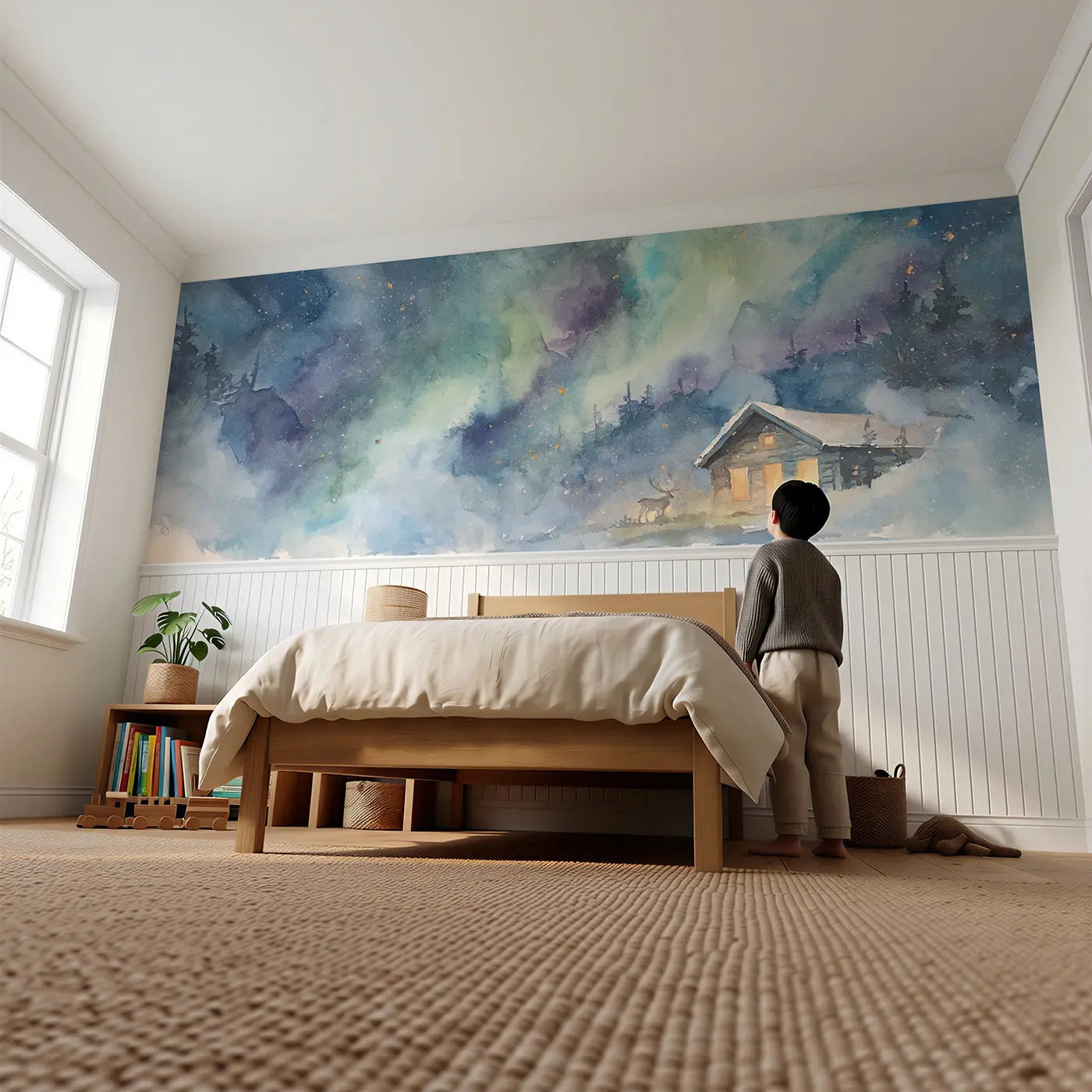 Child reading near Northern Lights Cabin Night Wainscoting Wallpaper by Whimsy Tots