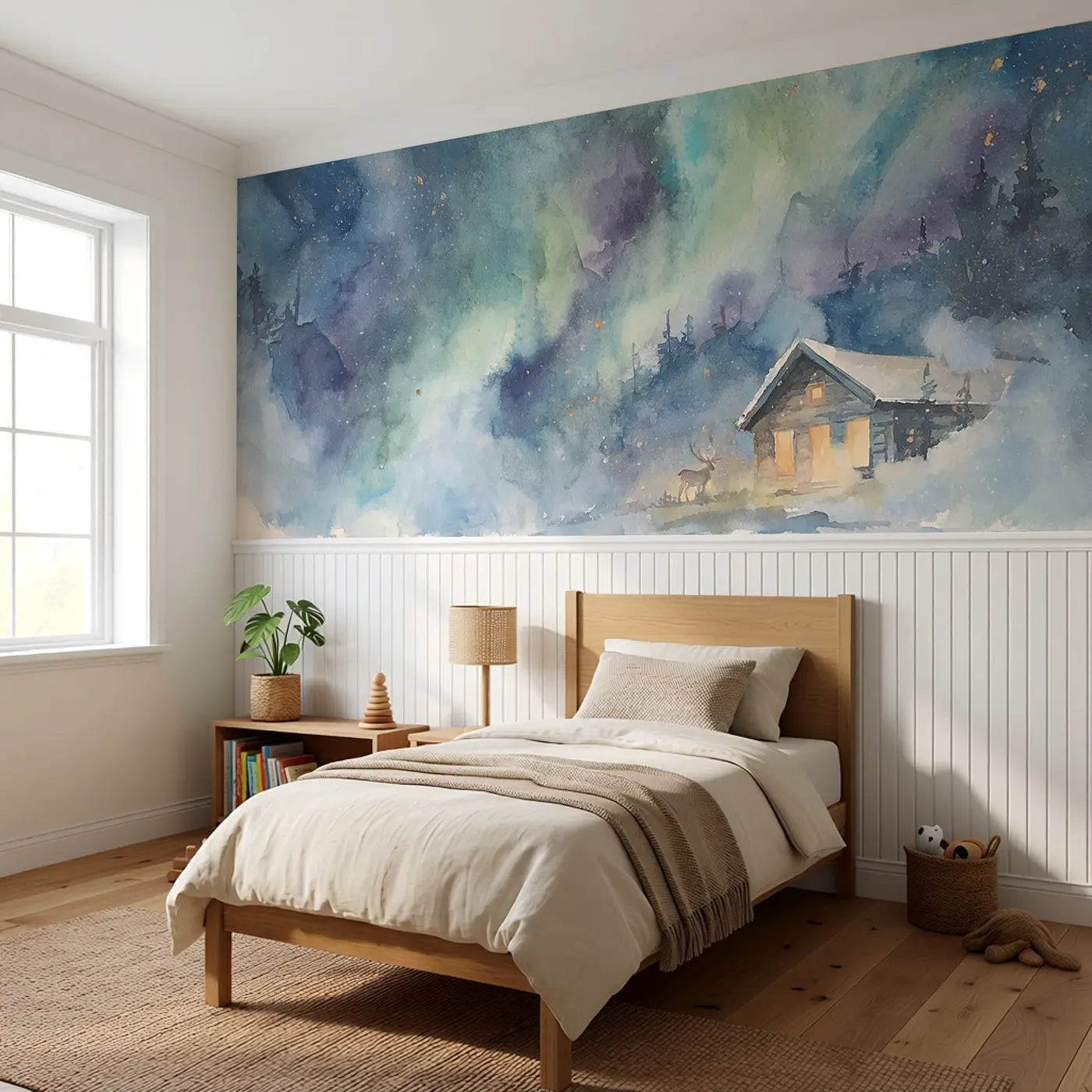 Northern Lights Cabin Night Wainscoting Wallpaper styled in a kids bedroom by Whimsy Tots