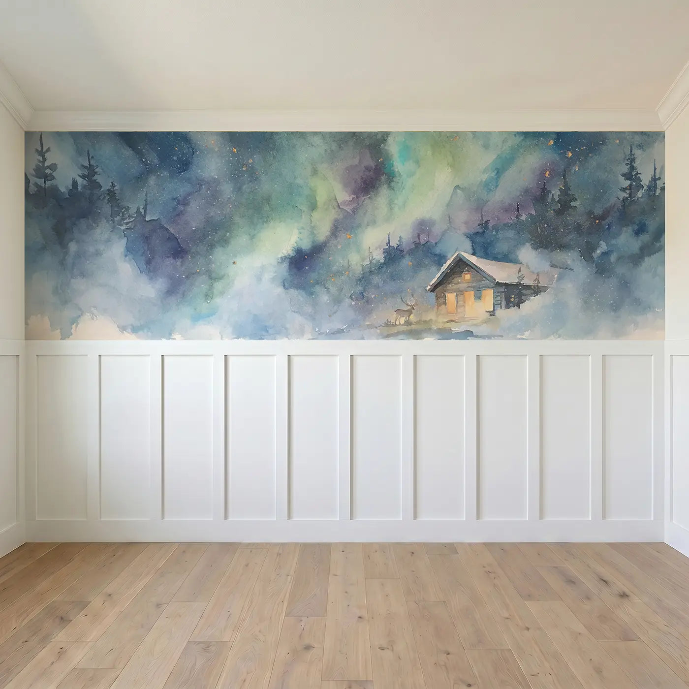 Full panel view of Northern Lights Cabin Night Wainscoting Wallpaper by Whimsy Tots