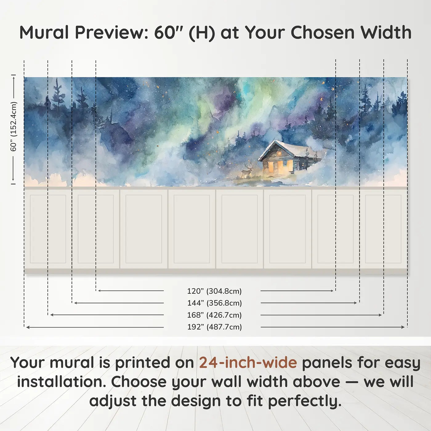 Panel dimensions for Northern Lights Cabin Night Wainscoting Wallpaper by Whimsy Tots