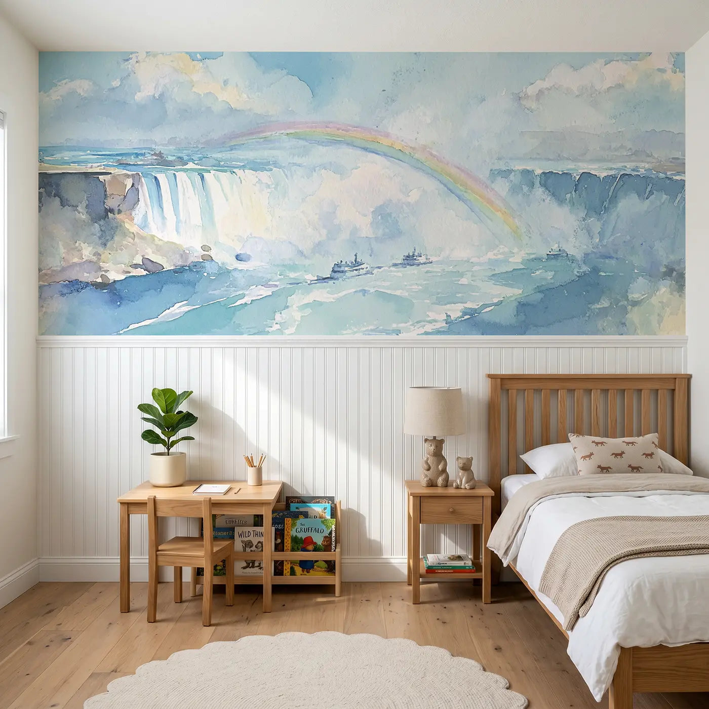 Watercolor Niagara Falls rainbow mist wainscoting wallpaper for bedroom by Whimsy Tots.