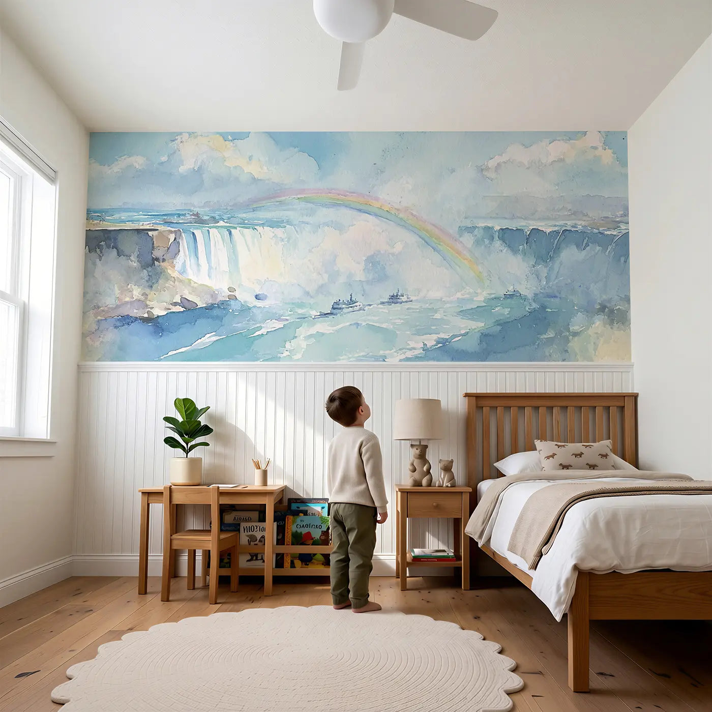 Child reading near Niagara Falls Rainbow Mist Wainscoting Wallpaper by Whimsy Tots