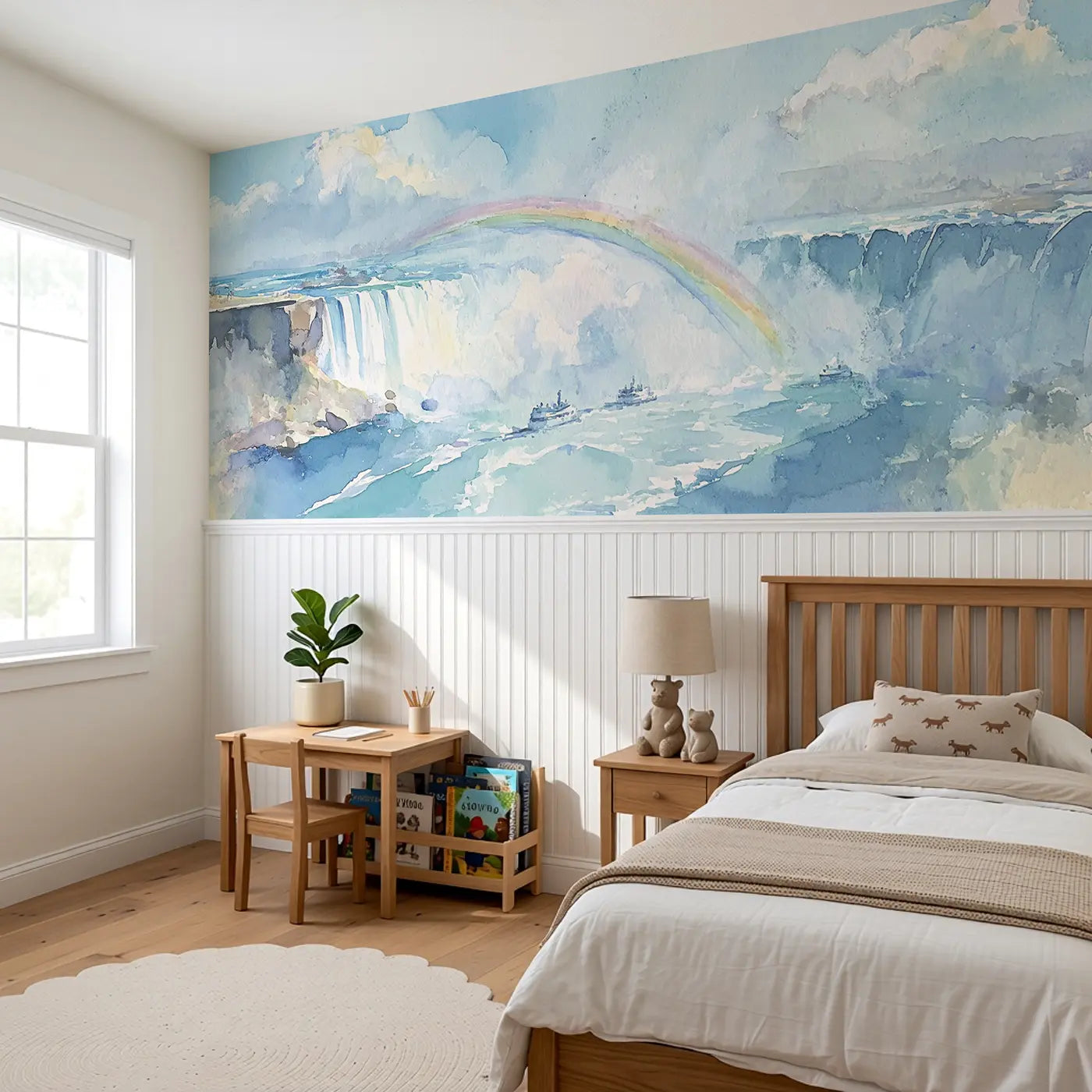 Niagara Falls Rainbow Mist Wainscoting Wallpaper styled in a kids bedroom by Whimsy Tots