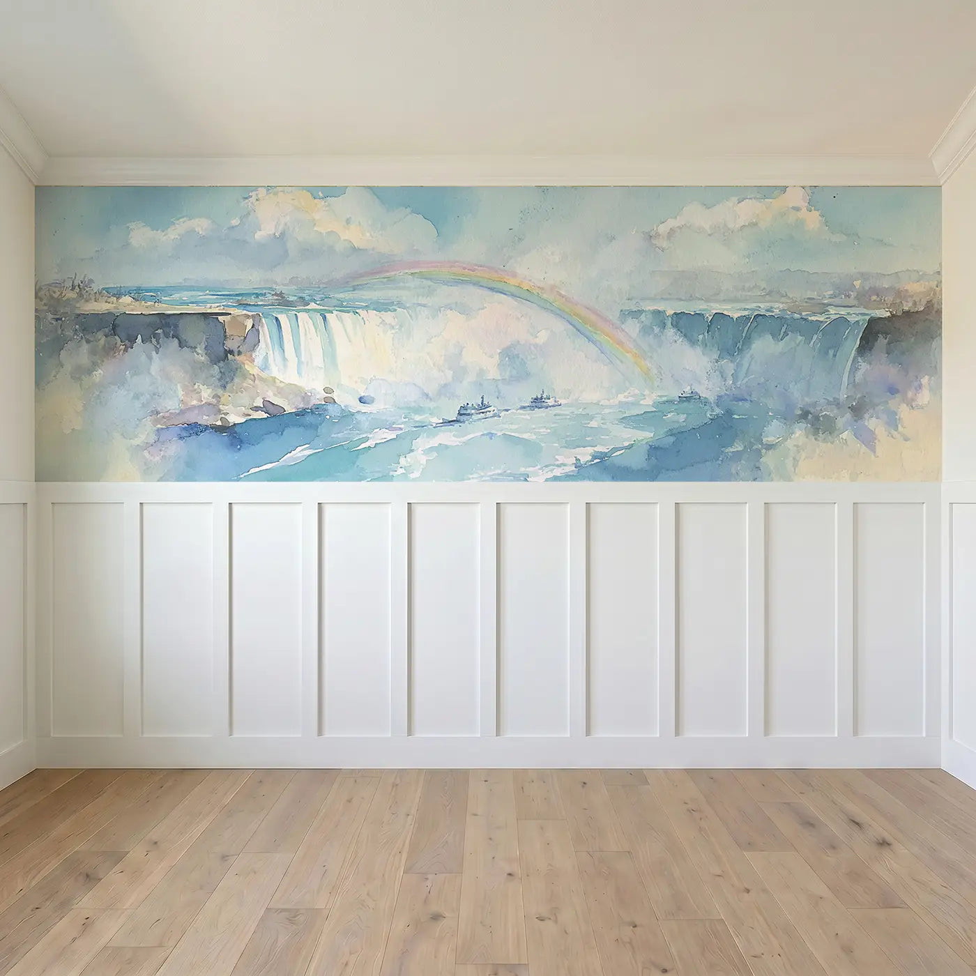 Full panel view of Niagara Falls Rainbow Mist Wainscoting Wallpaper by Whimsy Tots