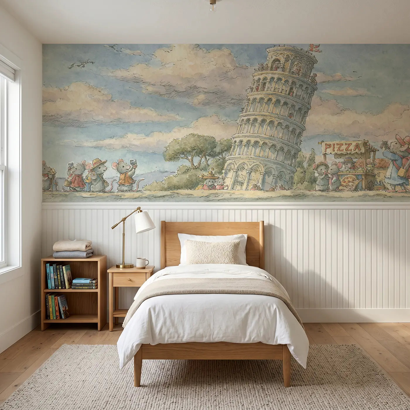 Storybook Pisa Tower tourist wainscoting wallpaper for bedroom by Whimsy Tots.