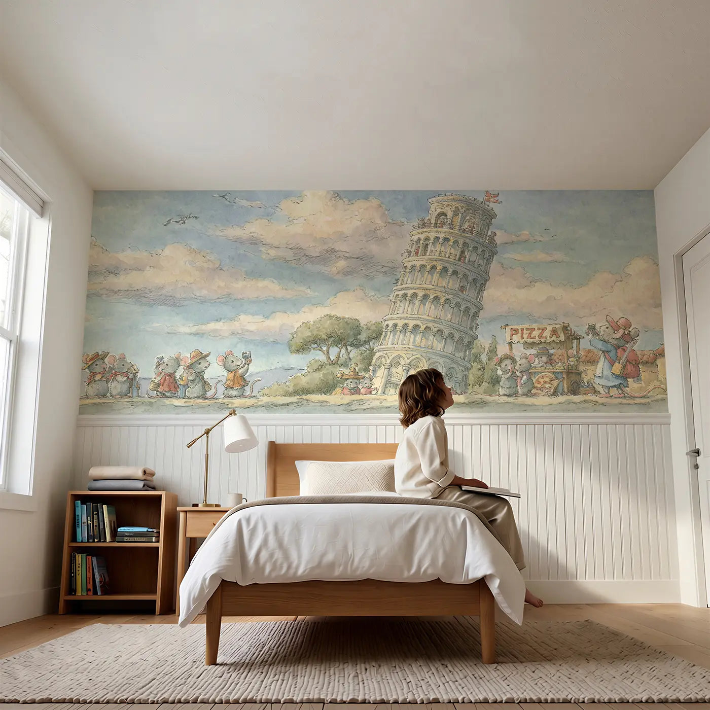 Child reading near Leaning Tower Pisa Tourist Wainscoting Wallpaper by Whimsy Tots