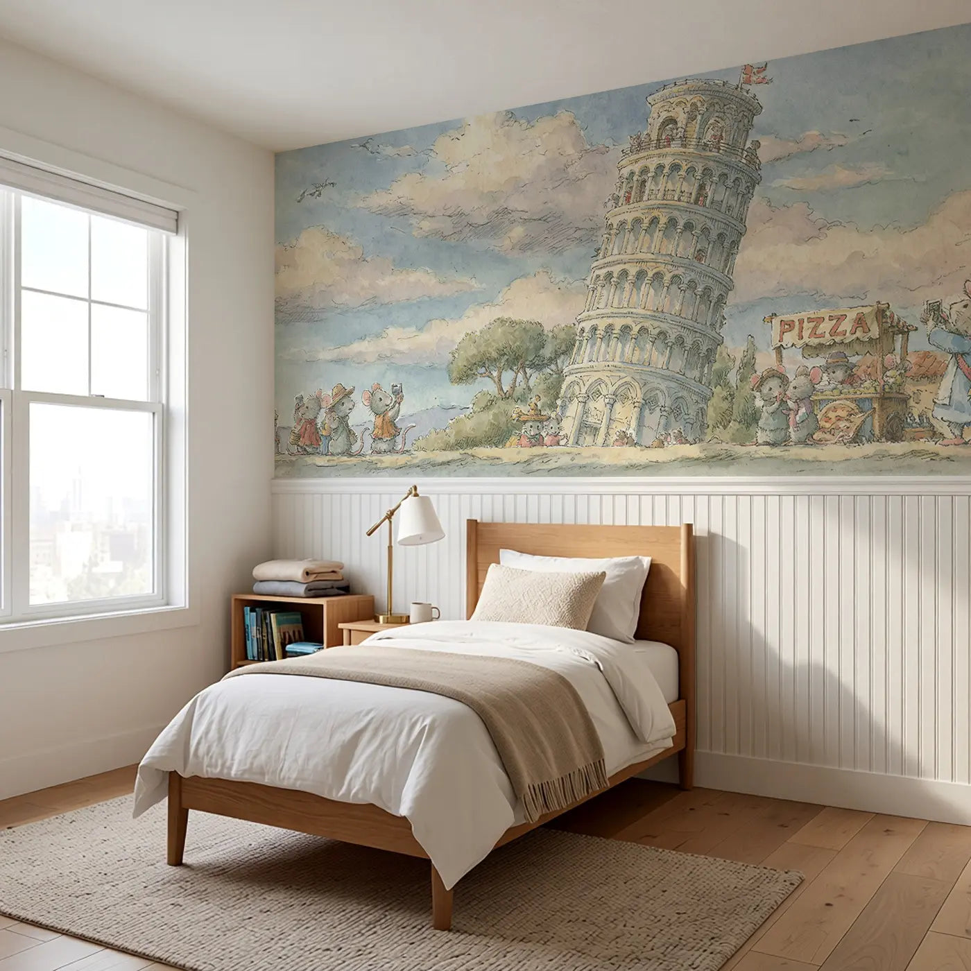 Leaning Tower Pisa Tourist Wainscoting Wallpaper styled in a kids bedroom by Whimsy Tots