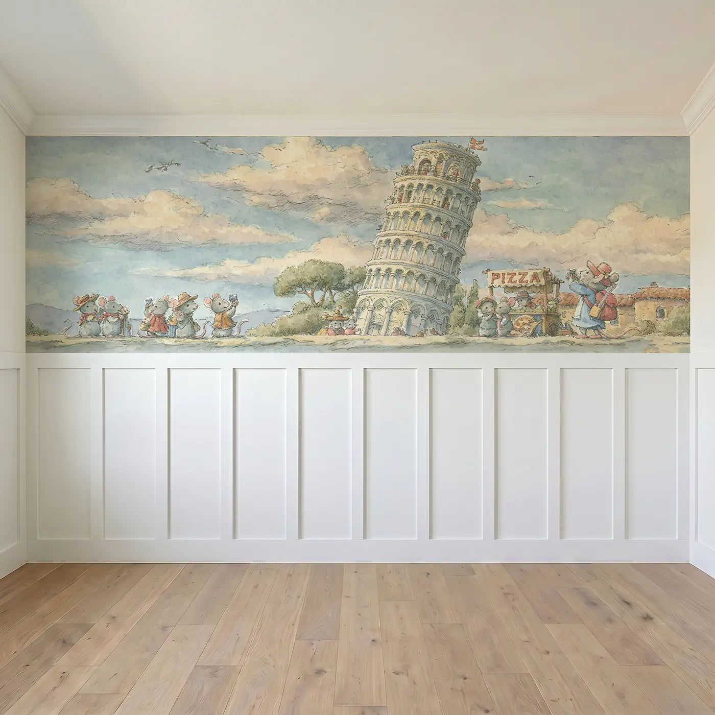 Full panel view of Leaning Tower Pisa Tourist Wainscoting Wallpaper by Whimsy Tots