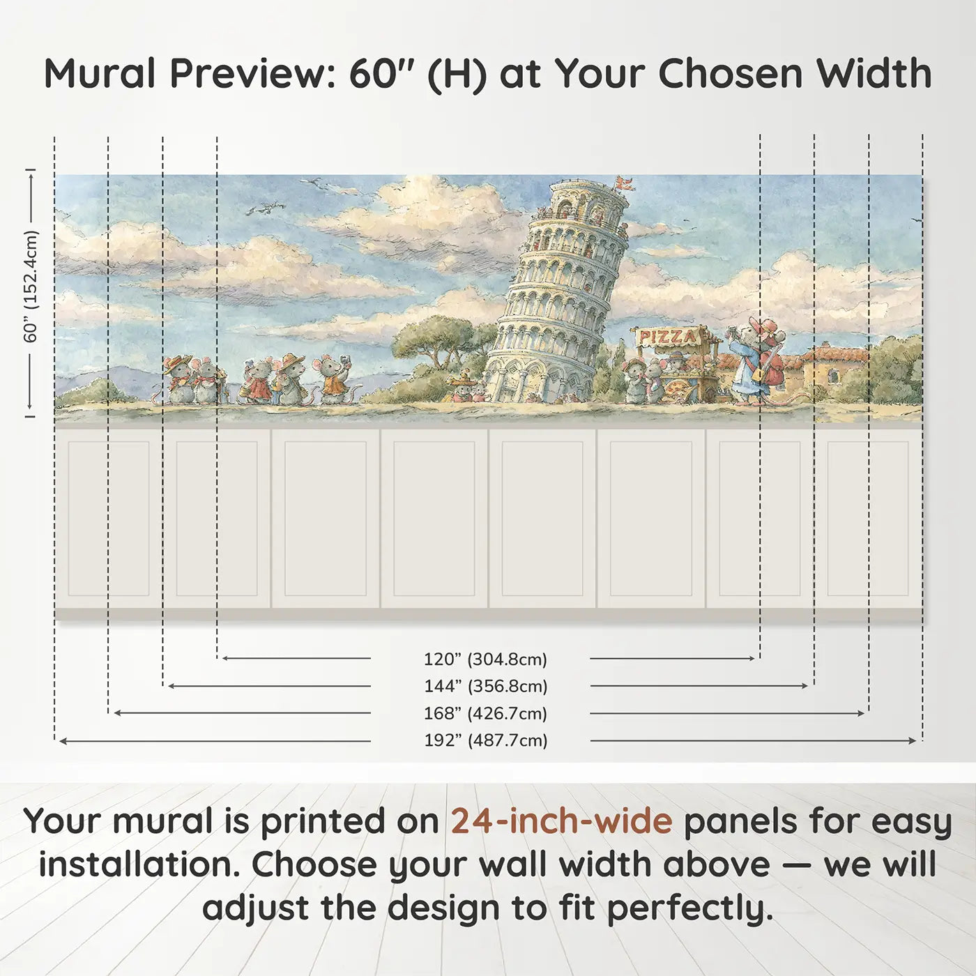 Panel dimensions for Leaning Tower Pisa Tourist Wainscoting Wallpaper by Whimsy Tots