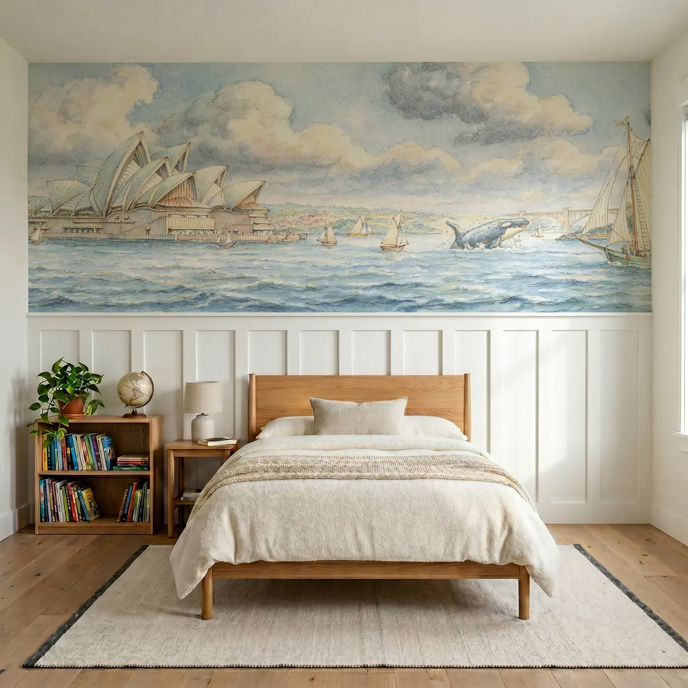 Storybook Sydney Opera House harbor wainscoting wallpaper for bedroom by Whimsy Tots.